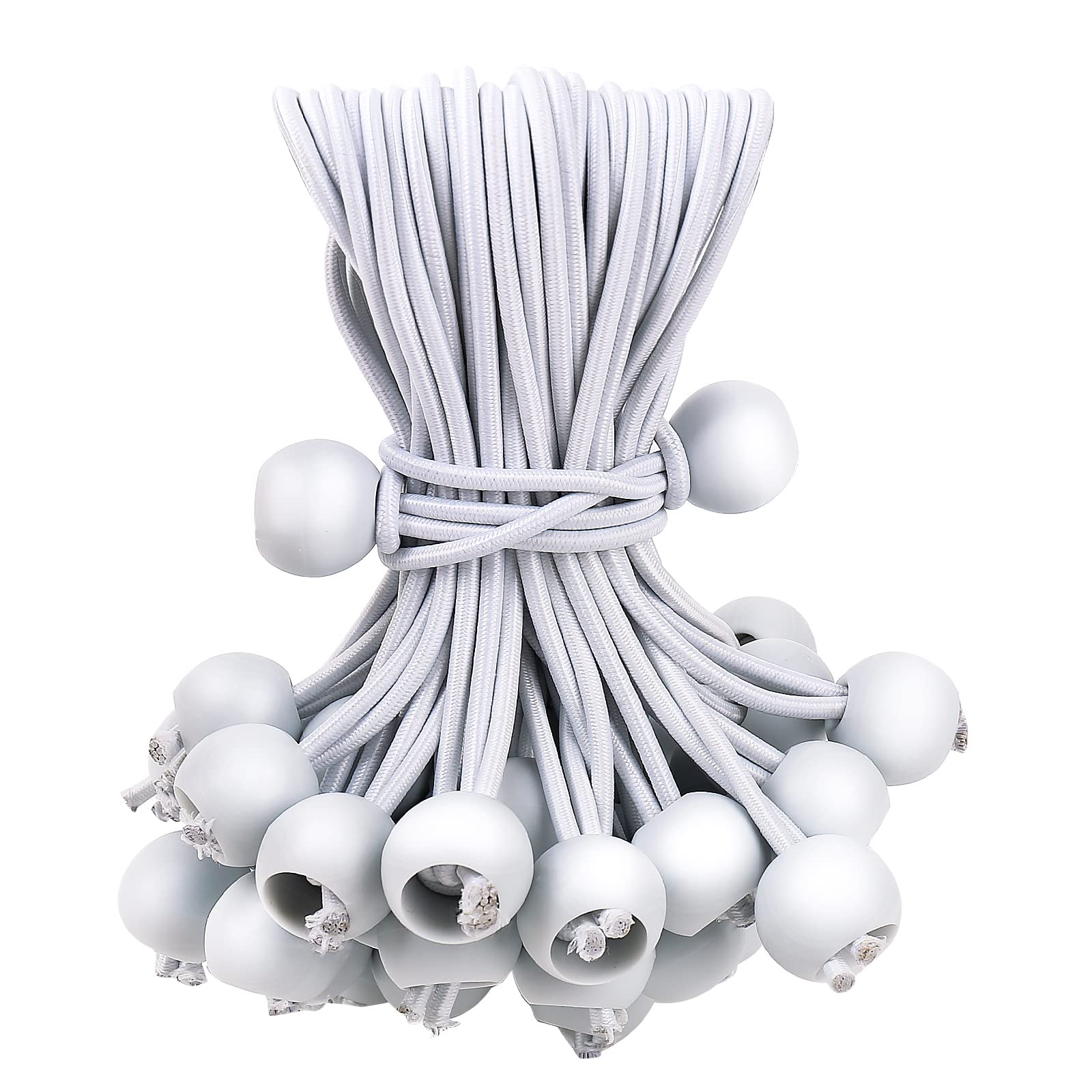 50PCS Mini White Ball Bungee Cords, 4 Inch Heavy Duty Outdoor Bungee Cord with Balls, Tarp Tie Down Bungee Balls for Shelter, Camping, Cargo,Tent Poles UV Resistant（Ball Size 1 inch）
