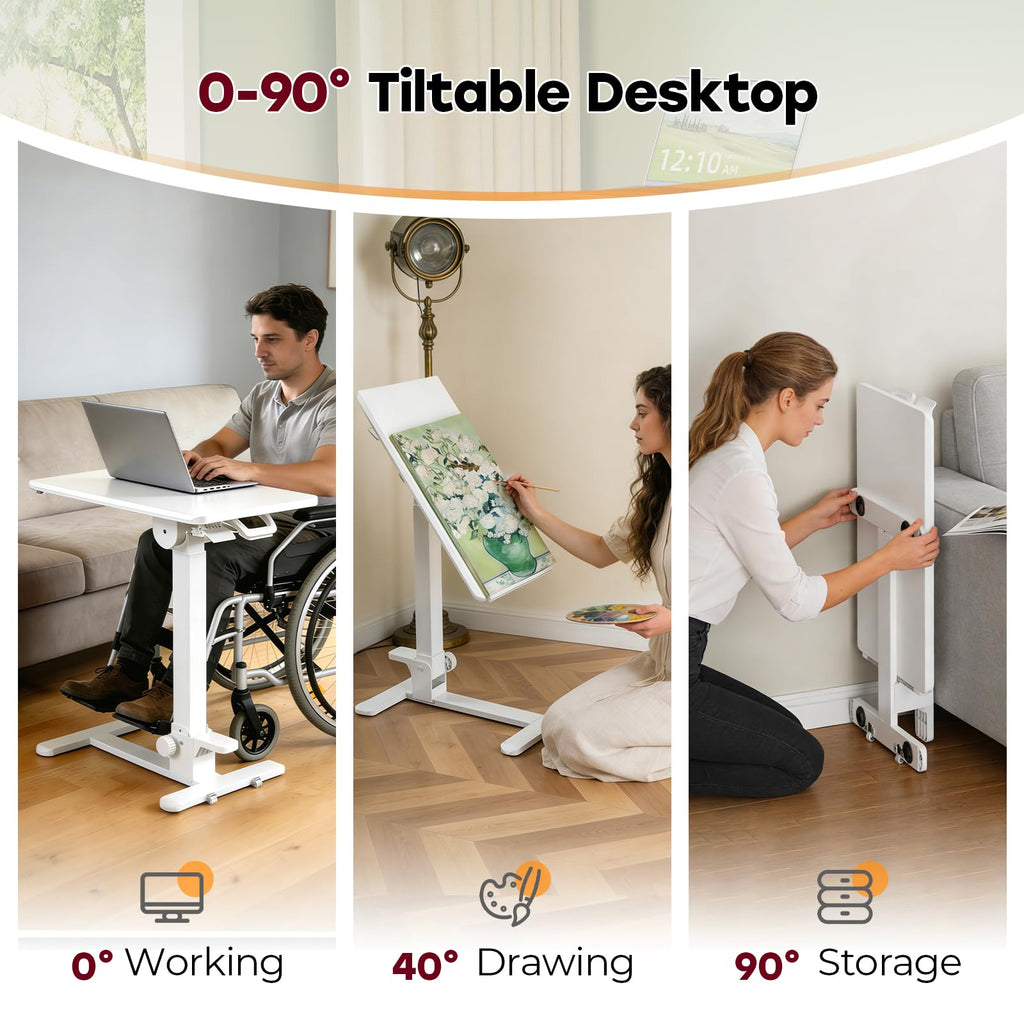 Foldable Mobile Standing Desk, 27 Inch Small Rolling Laptop Cart Height Adjustment, 90° Tiltable Sofaside Table, No Assembly Needed Portable Computer Workstation, Black