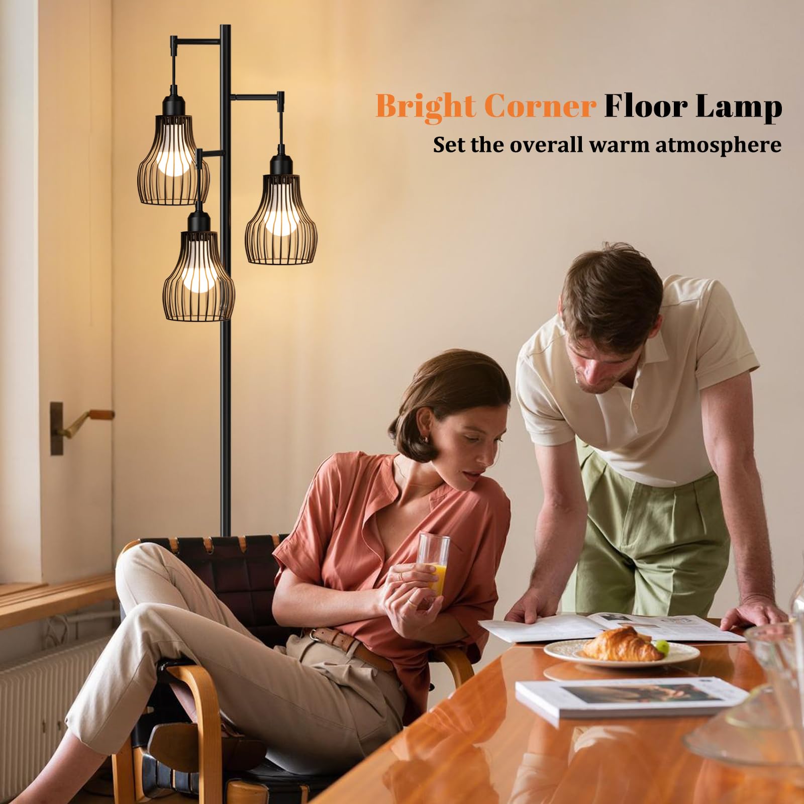 Ziisee Dimmable Floor Lamps for Living Room, Industrial Tree Standing Tall Lamps with 3 Elegant Cage Shade & 800 Lumens LED Bulbs for Bedroom Office - Brown