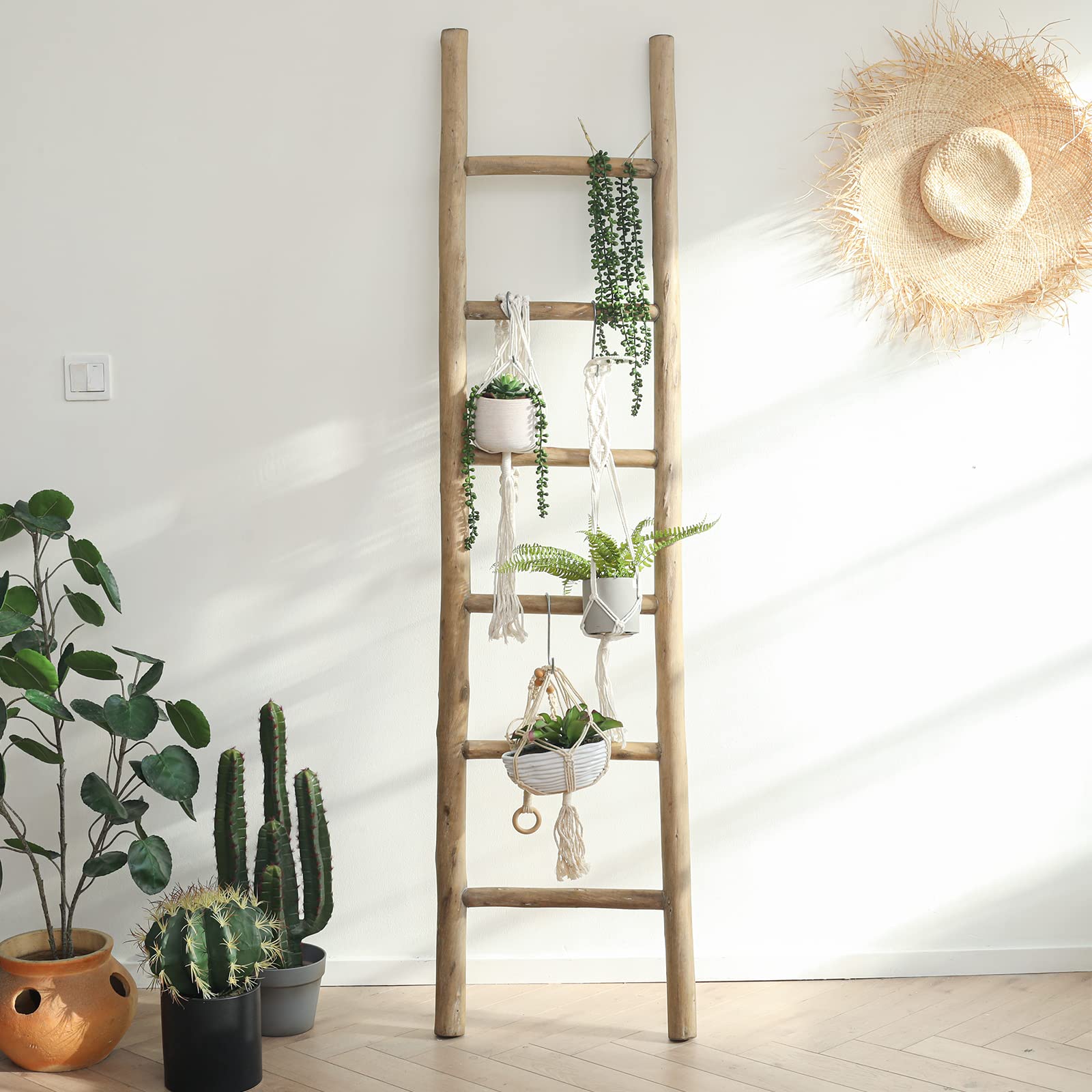 FUIN 57in Wood Blanket Ladder Living Room Decorative Wall Leaning Farmhouse Quilt Display Holder Rustic Wooden Towel Rack for Bathroom, Black
