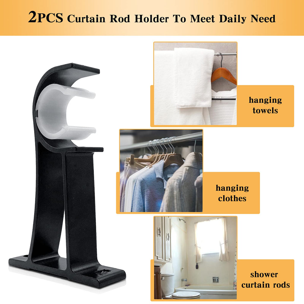 KOLAKO Curtain Rod Brackets, Heavy Duty Black Curtain Rods Holders Hook Hangers for Wall Drapery Rod Bracket Support 1 Inch Rods, 2 Pack