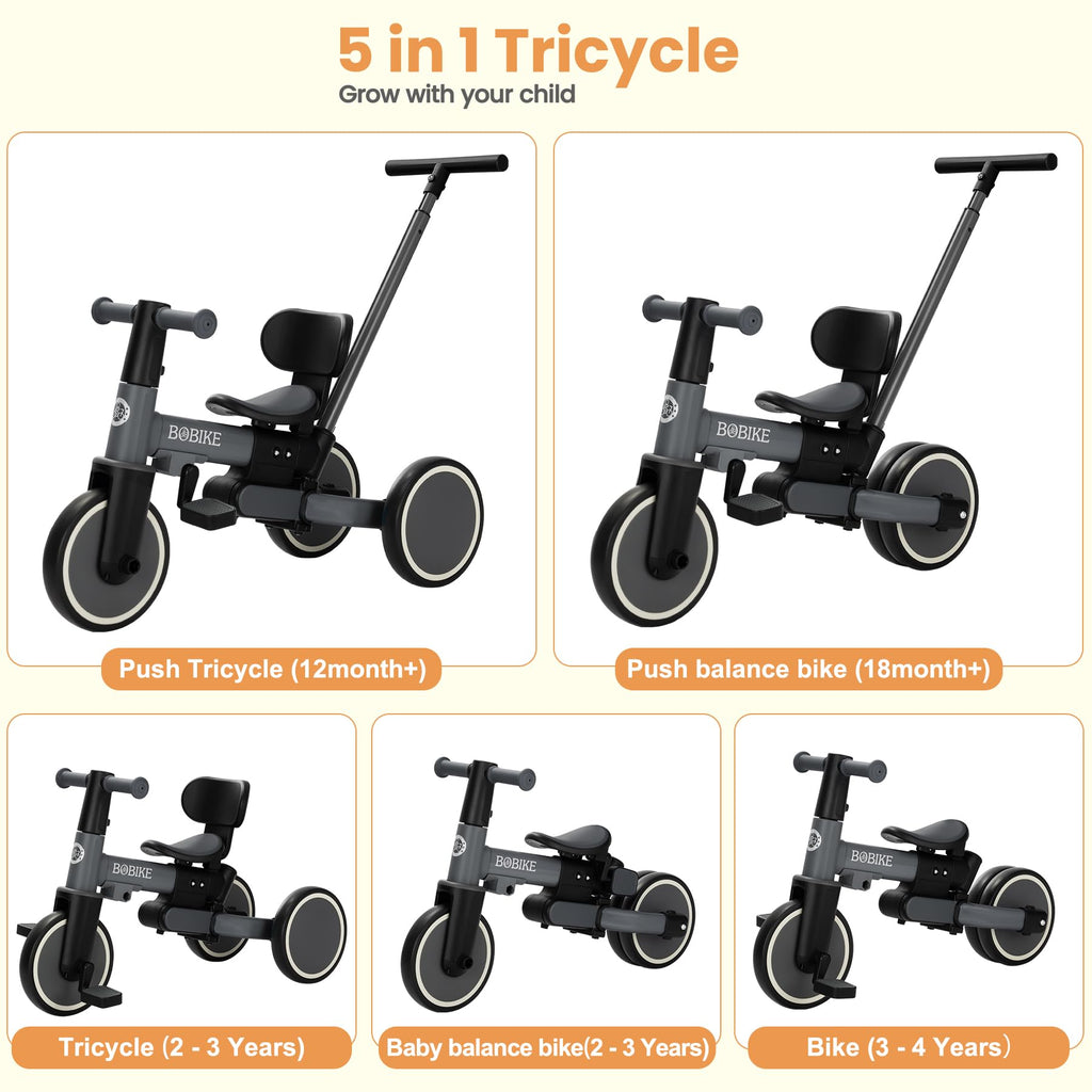 Toddler Bike with Push Handle,Tricycles for 1 to 3 Years Old, Toddler Tricycle with Push Handle for Boy Girl, Baby Balance Bike with Adjustable Seat Height and Removable Pedal (Black)