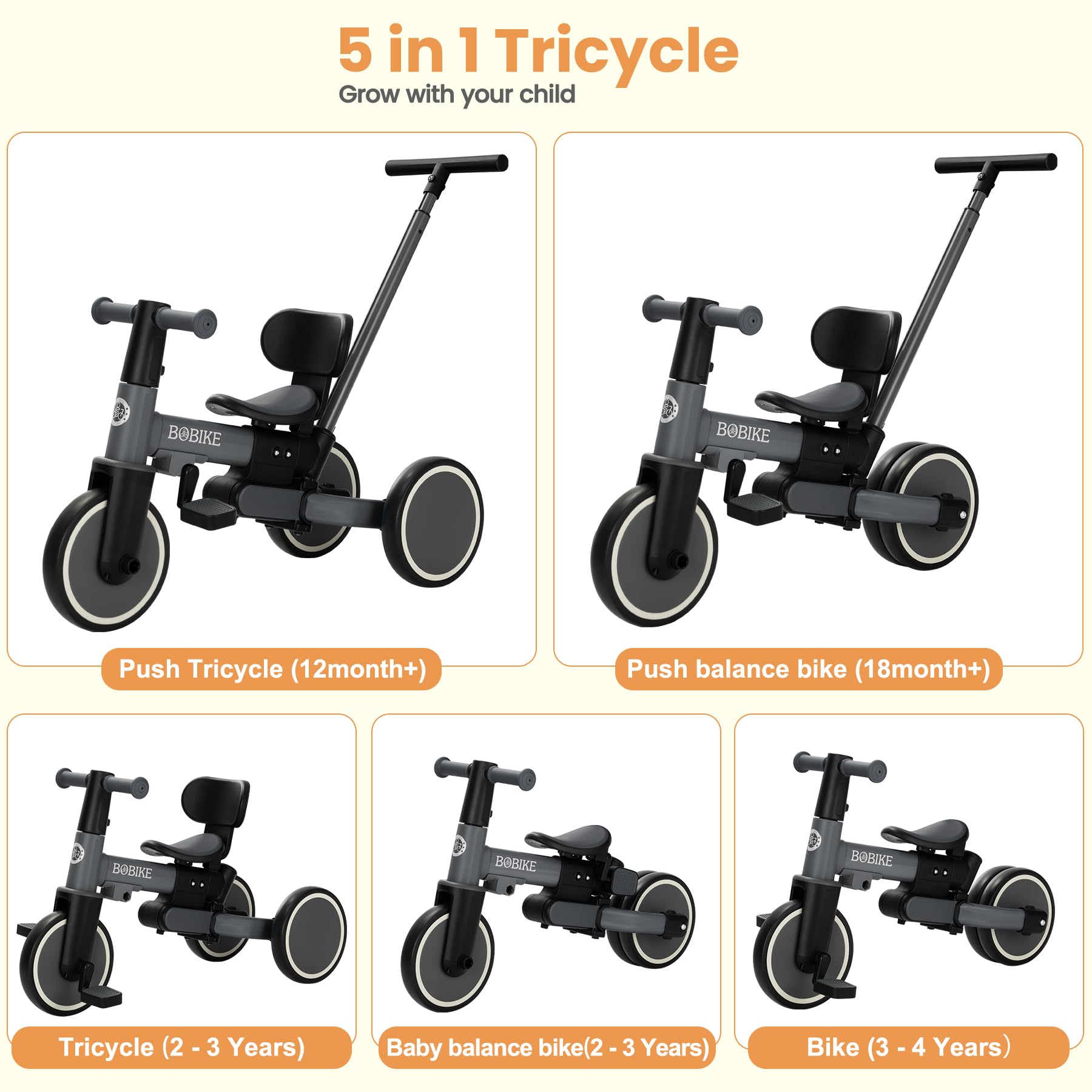 Toddler Bike with Push Handle,Tricycles for 1 to 3 Years Old, Toddler Tricycle with Push Handle for Boy Girl, Baby Balance Bike with Adjustable Seat Height and Removable Pedal (Black)