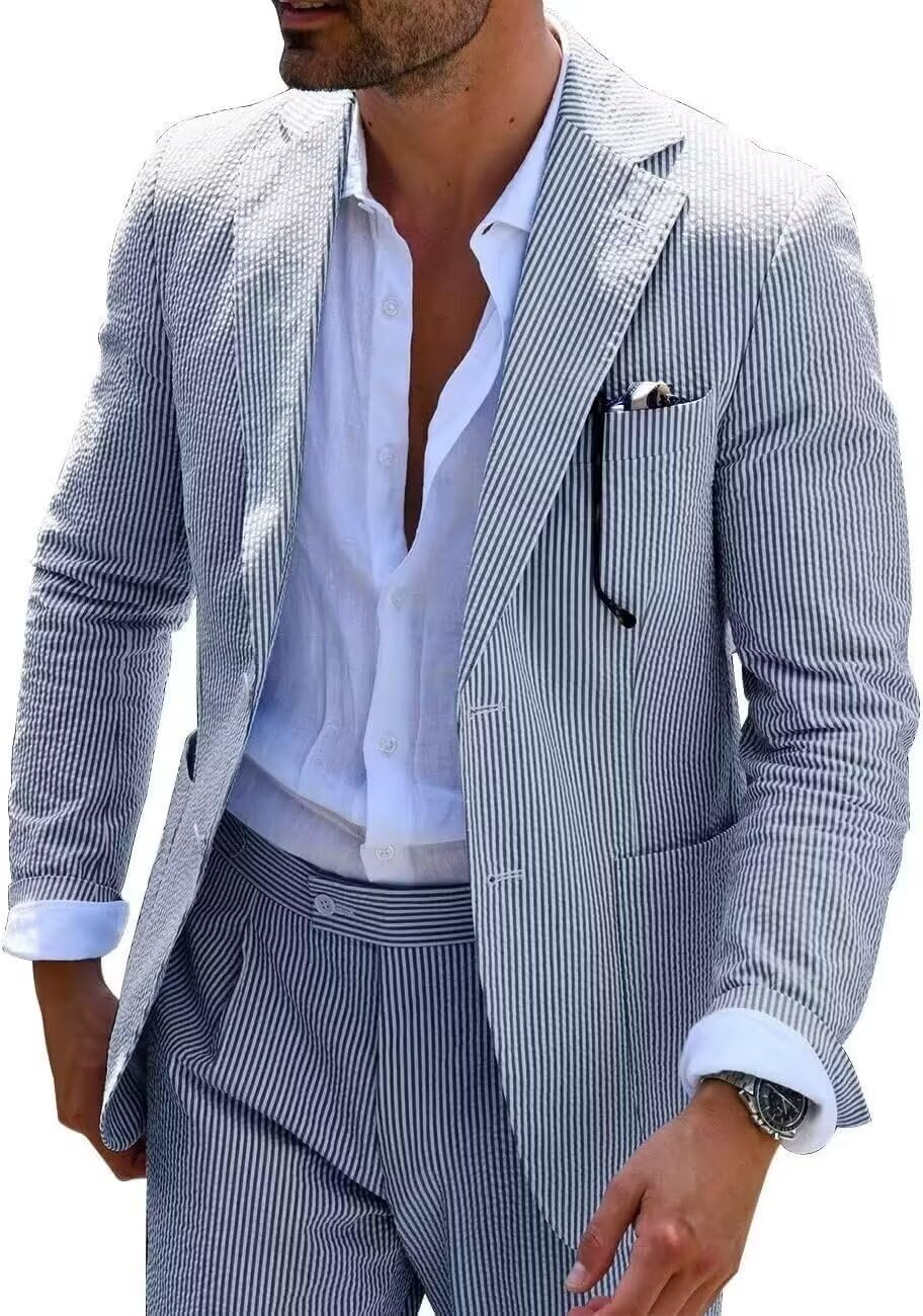 Wehilion Men's Seersucker Summer Suit Groom Wedding Seersucker Outfit Slim Fit Formal Suit Set for Men
