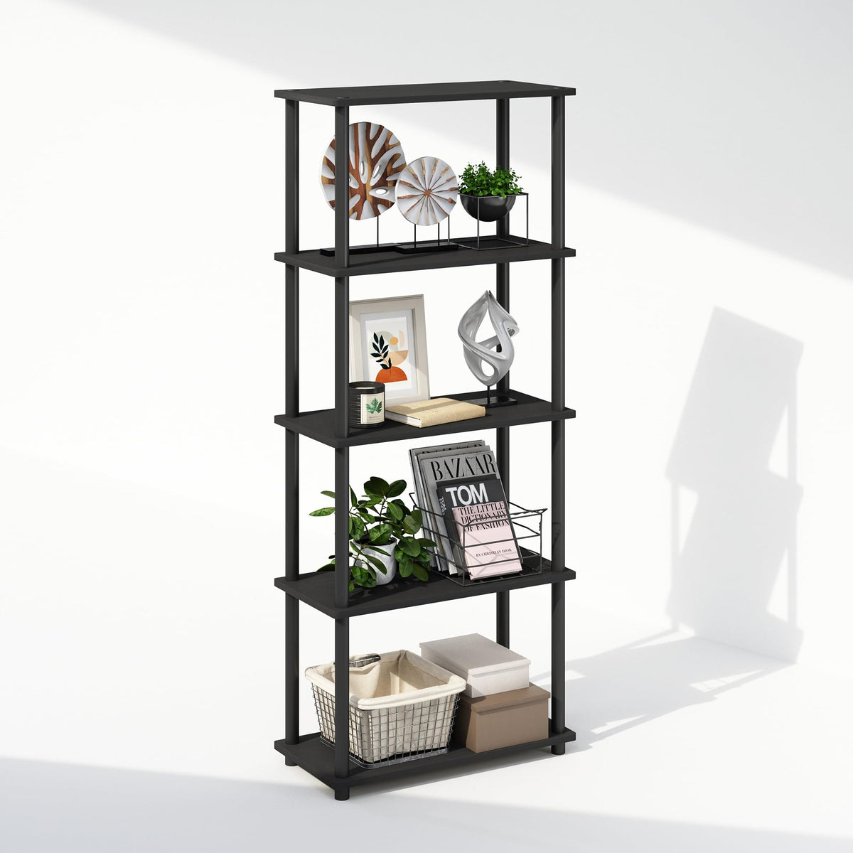 Furinno Turn-N-Tube Book Shelf, 4-Tier Bookshelf, Bookcase with Multipurpose Compact Display Rack, 11.6 x 23.6 x 43.2, for Living Room, Bedroom, Home Office, Americano/Black