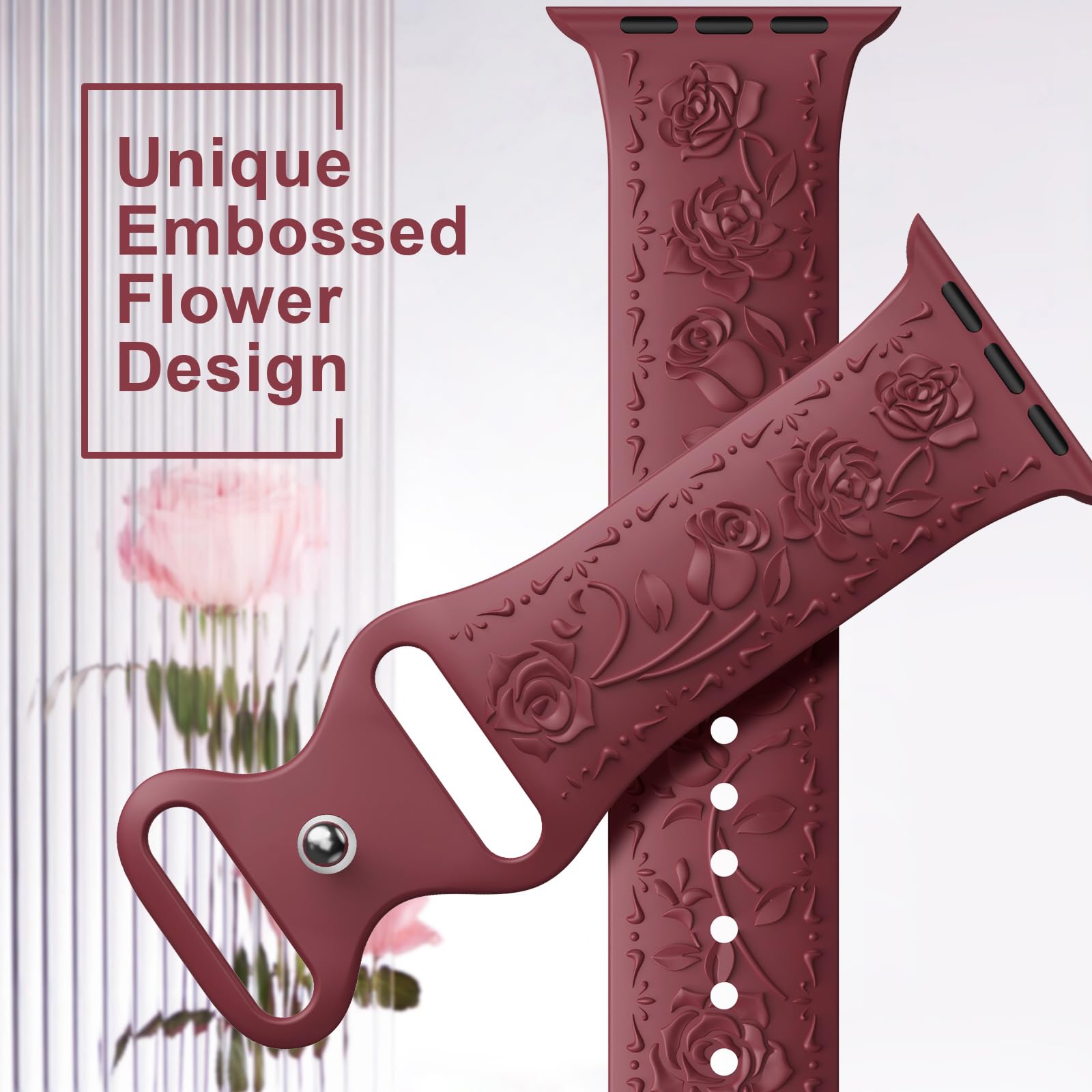 Floral Engraved Band Compatible with Apple Watch Band 40mm 41mm 38mm 42mm 44mm 45mm 46mm 49mm Women, Soft Silicone Cute Embossed Flower Strap for iWatch Band Series SE Ultra 11 10 9 8 7 6 5 4 3 2 1
