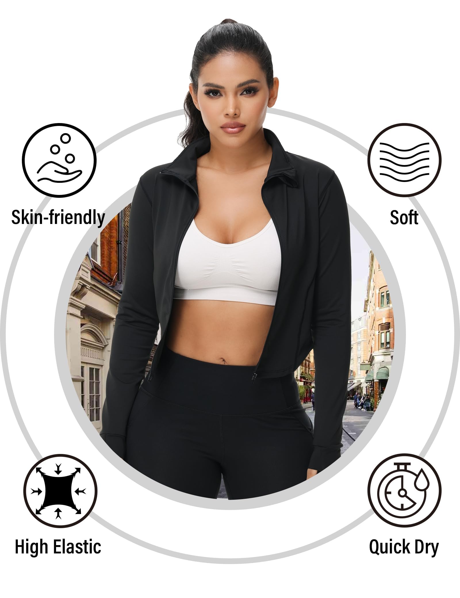 Dalavch 3 Pack Womens Cropped Full Zip up Workout Jacket Slim Fit Running Athletic Gym Yoga Sports Jacket with Thumb Holes
