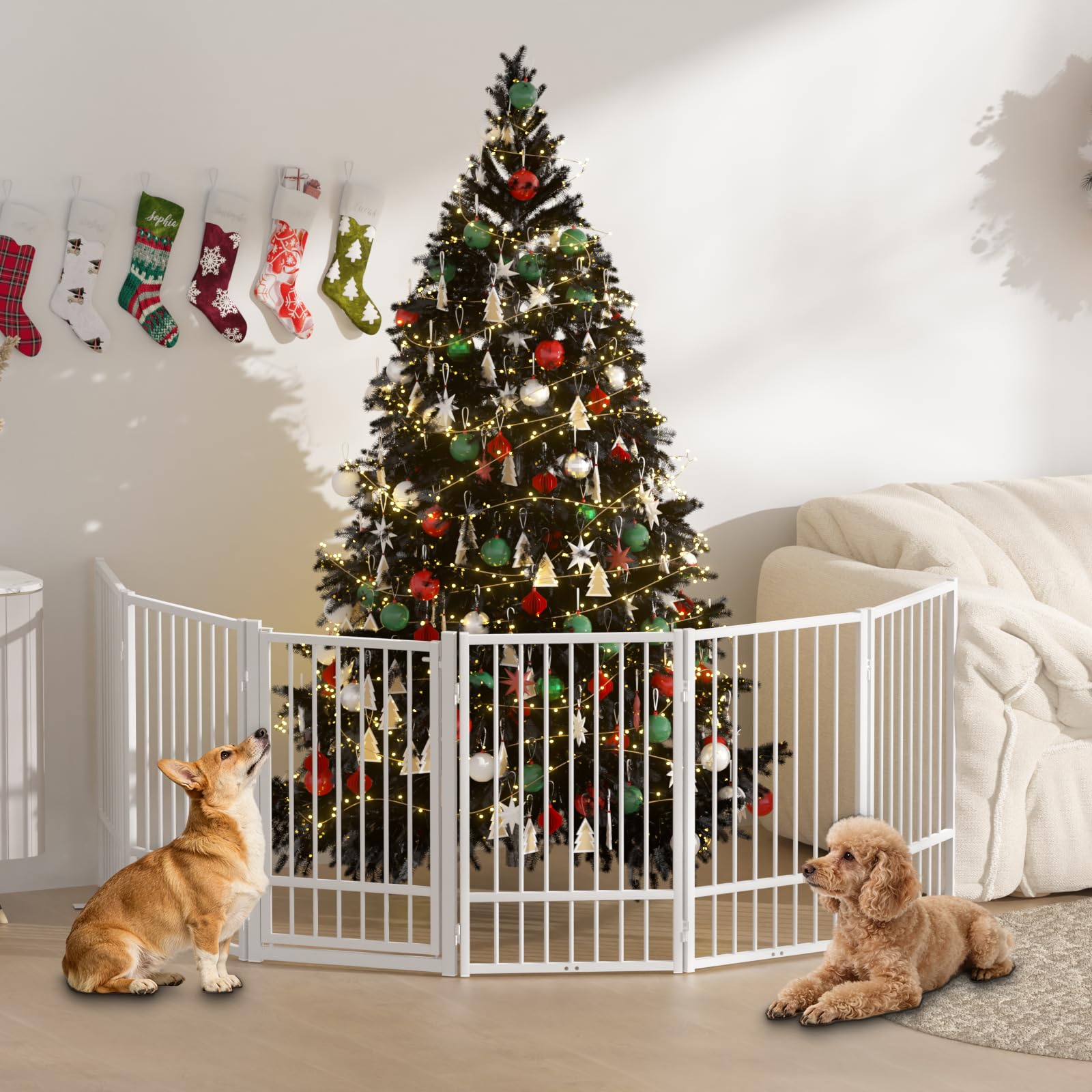 SNUOWU Full Metal Freestanding Dog Gate with Door, 24'' Height Foldable Pet Dog Fence for Indoor & Outdoor, 2 Panels Extra Wide Free Standing SmallDog Gates for Doorways,House,Stairs,Porch,Deck,Yard