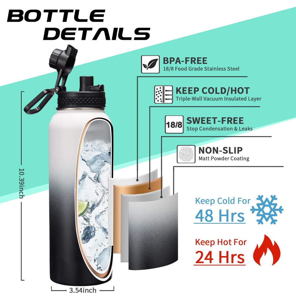 Insulated Water Bottle 32 oz - Cold-48h & Hot-24h Stainless Steel Vacuum Flask with Straw & Pop-up Chug Lid, Leak Proof 32oz Water Bottles, Wide Mouth Hydro Metal Thermal Cups for Gym Work