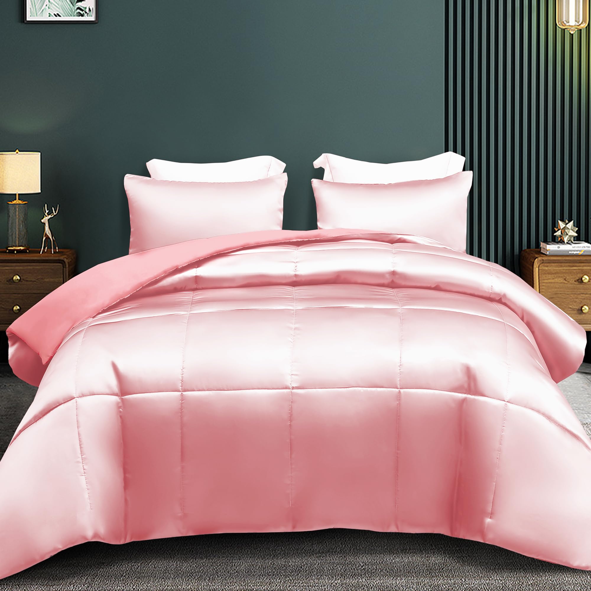 Whale Flotilla 2-Piece Reversible Silky Soft Twin Size Comforter Bedding Set, Luxurious Satin Comforters with Satin Pillowcase, Lightweight Duvet for All Seasons, Black