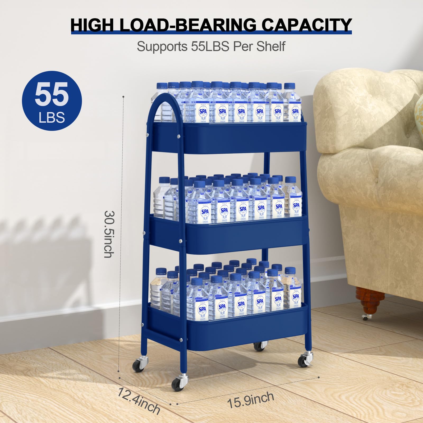 EAGMAK 3 Tier Rolling Cart, Large Metal Storage Cart with Handle and Lockable Wheels, Big Multifunctional Storage Organizer Trolley with Mesh Baskets for Kitchen, Living Room, Office, Garage (Beige)