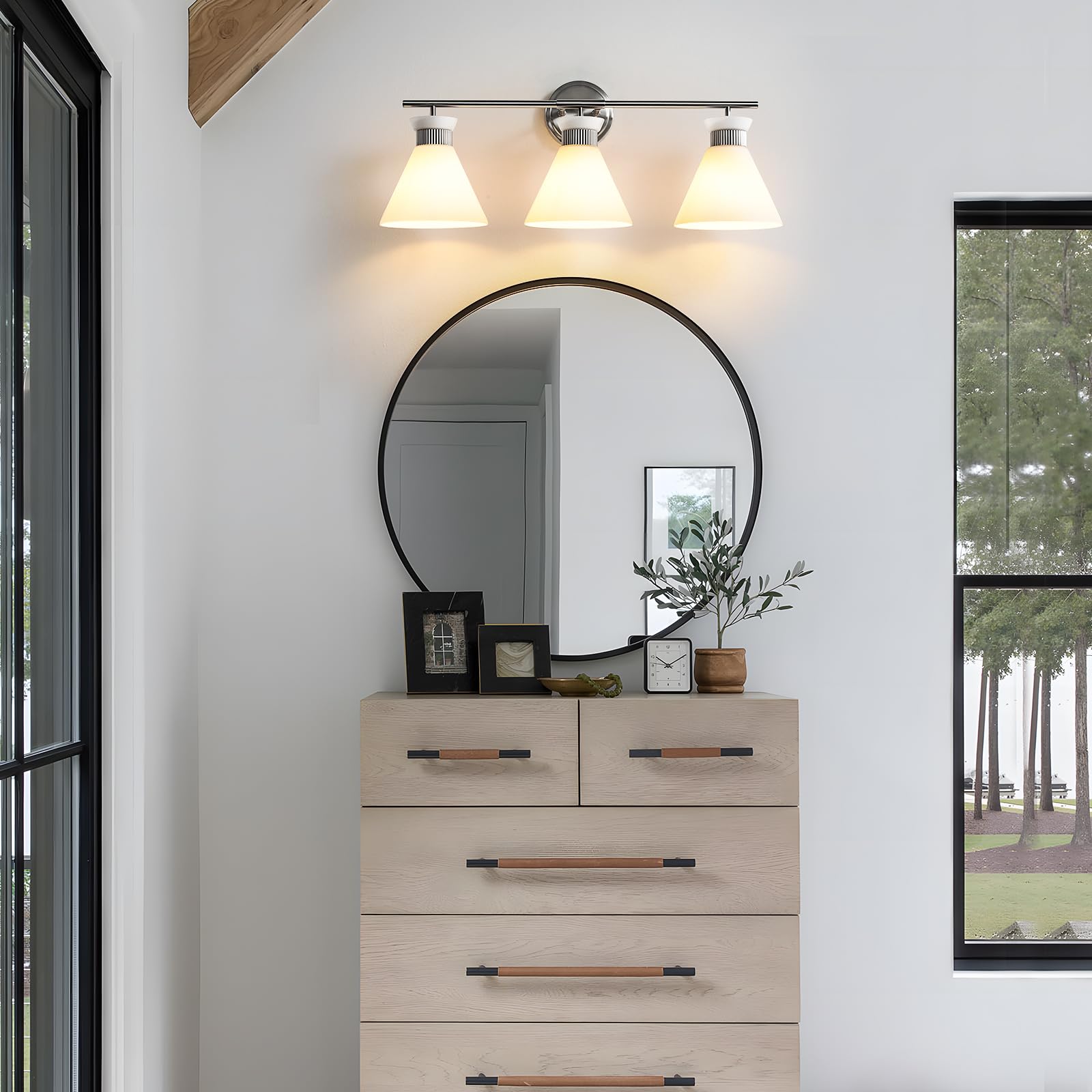 WOSHITU Gold Bathroom Light Fixtures: Modern Vanity Lighting Fixtures 2 Lights for Bathroom Mid Century Vanity Light Sconces Over Mirror with Frosted Milky Glass for Bath Bedroom Makeup