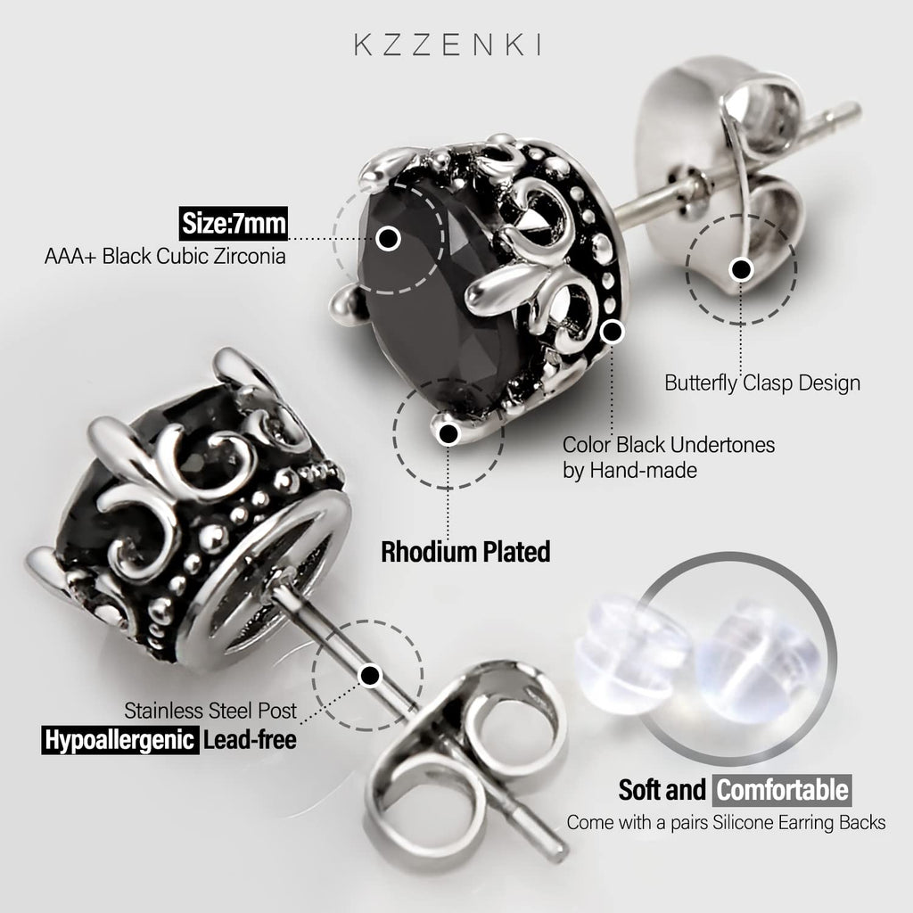 Retro Dark Shadow Stud Earrings, Hypoallergenic Stainless Steel Cubic Zirconia Earrings