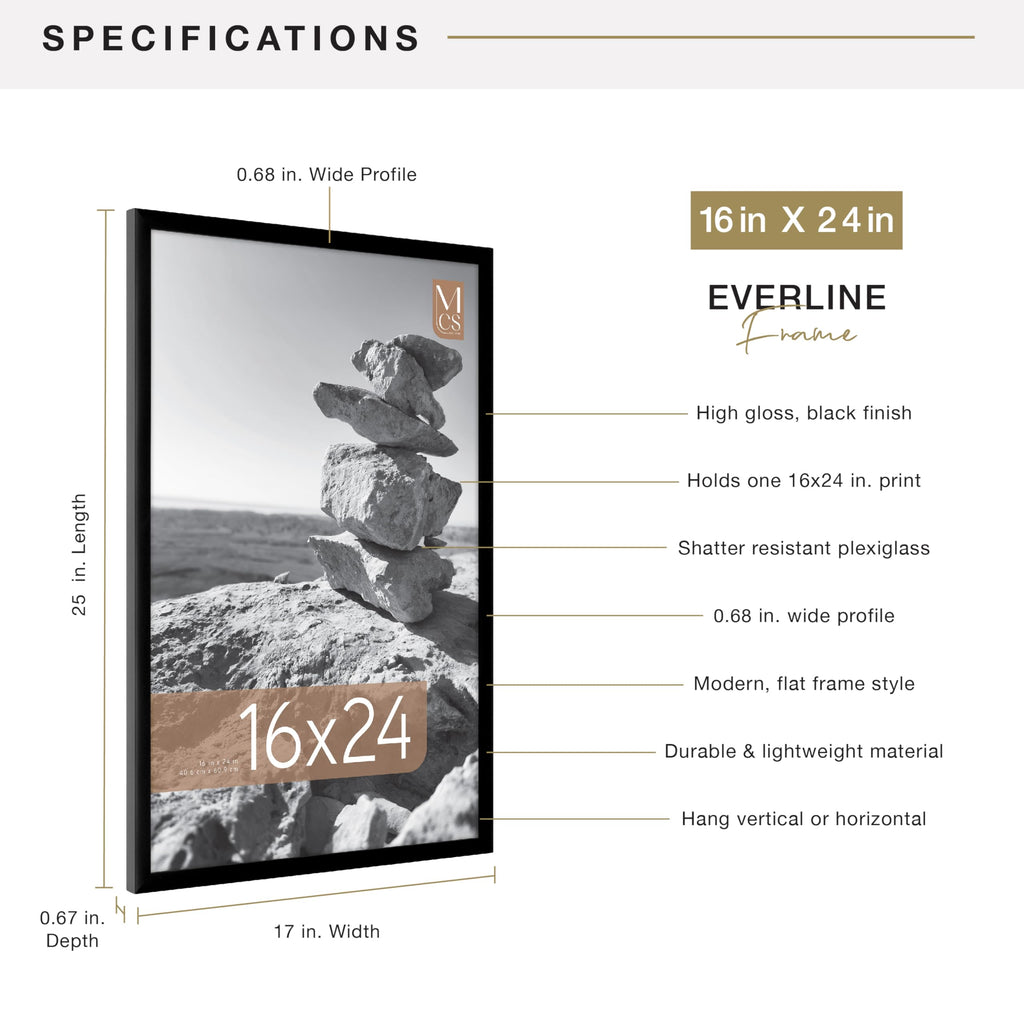 MCS Everline Collection 14x20 Matted Poster Frame with 11x17 Picture Display, Black Vertical & Horizontal Wall Hanging Large Frame for Photos, Posters & Art Prints (1-Pack)