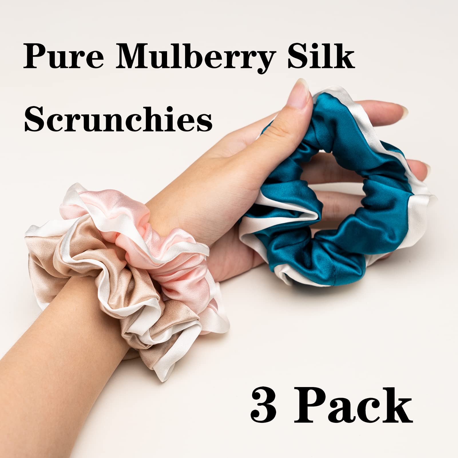 Silk Scrunchies for Hair 100% Mulberry Silk Hair Ties（Silver gray, Dark gray, Pink）
