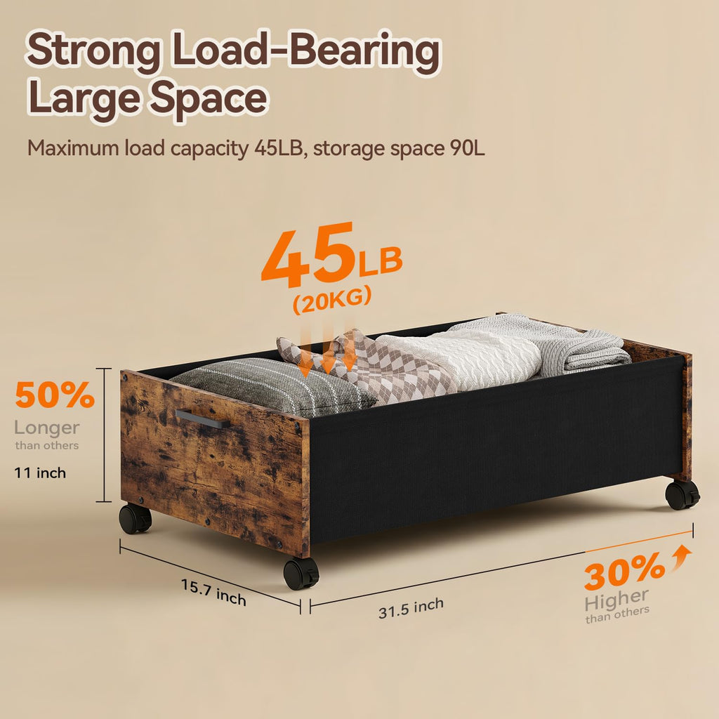 FOUCSSOMEI Under Bed Storage with Wheels, Wooden Under Bed Drawers On Wheels, Rolling Under Bed Shoe Storage, Space Saving, Black,30L