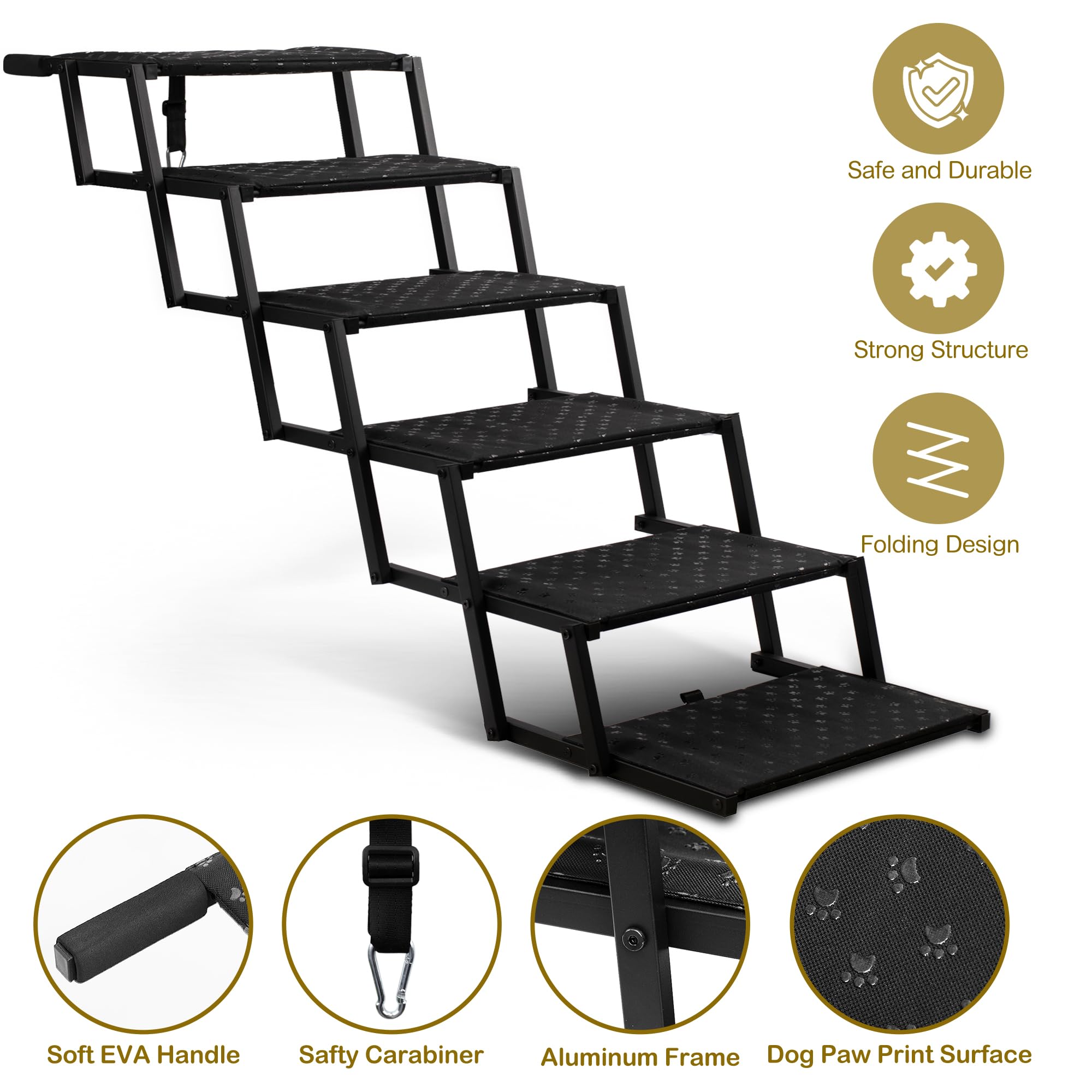 Dog Stairs for Car - Foldable Dog Ramps for Large Dogs with Non Slip Surface, Portable Dog Steps for Cars and SUV, Truck, Support Up to 200 Lbs