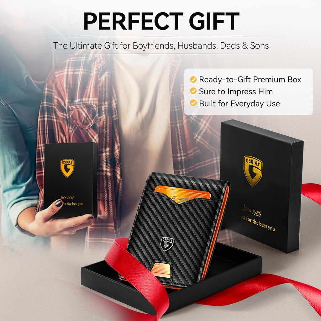 GSOIAX Slim Wallet for Men Rfid Blocking Leather Bifold Front Pocket Carbon Fiber Men's Money Clips Credit Card Holder With Gift Box