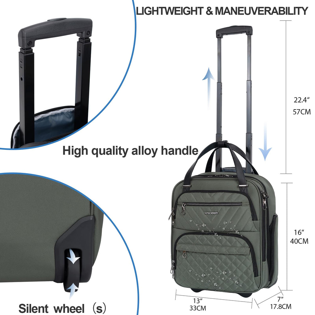 KROSER Carry On Underseat Multi-functional, 16-inch Underseater Lightweight Overnight Suitcase for Women, Army Green