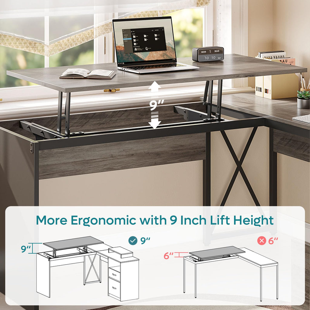 Bestier L Shaped Standing Desk with Lift Top, 55"x55" Standing Corner Desk for Home Office, Computer Desk with Reversible File Drawer and Monitor Stand, Grey Wash