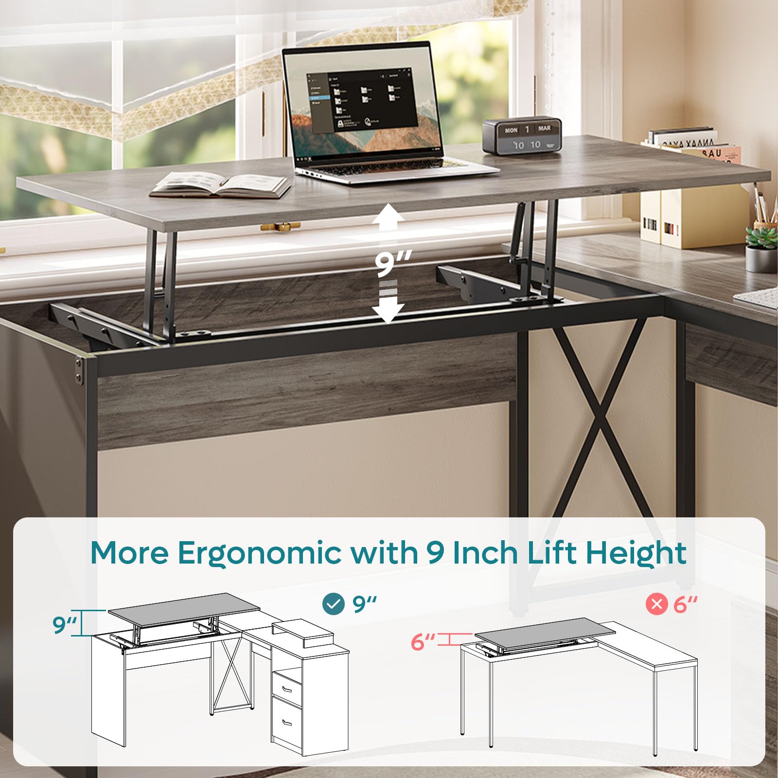 Bestier L Shaped Standing Desk with Lift Top, 55"x55" Standing Corner Desk for Home Office, Computer Desk with Reversible File Drawer and Monitor Stand, Grey Wash