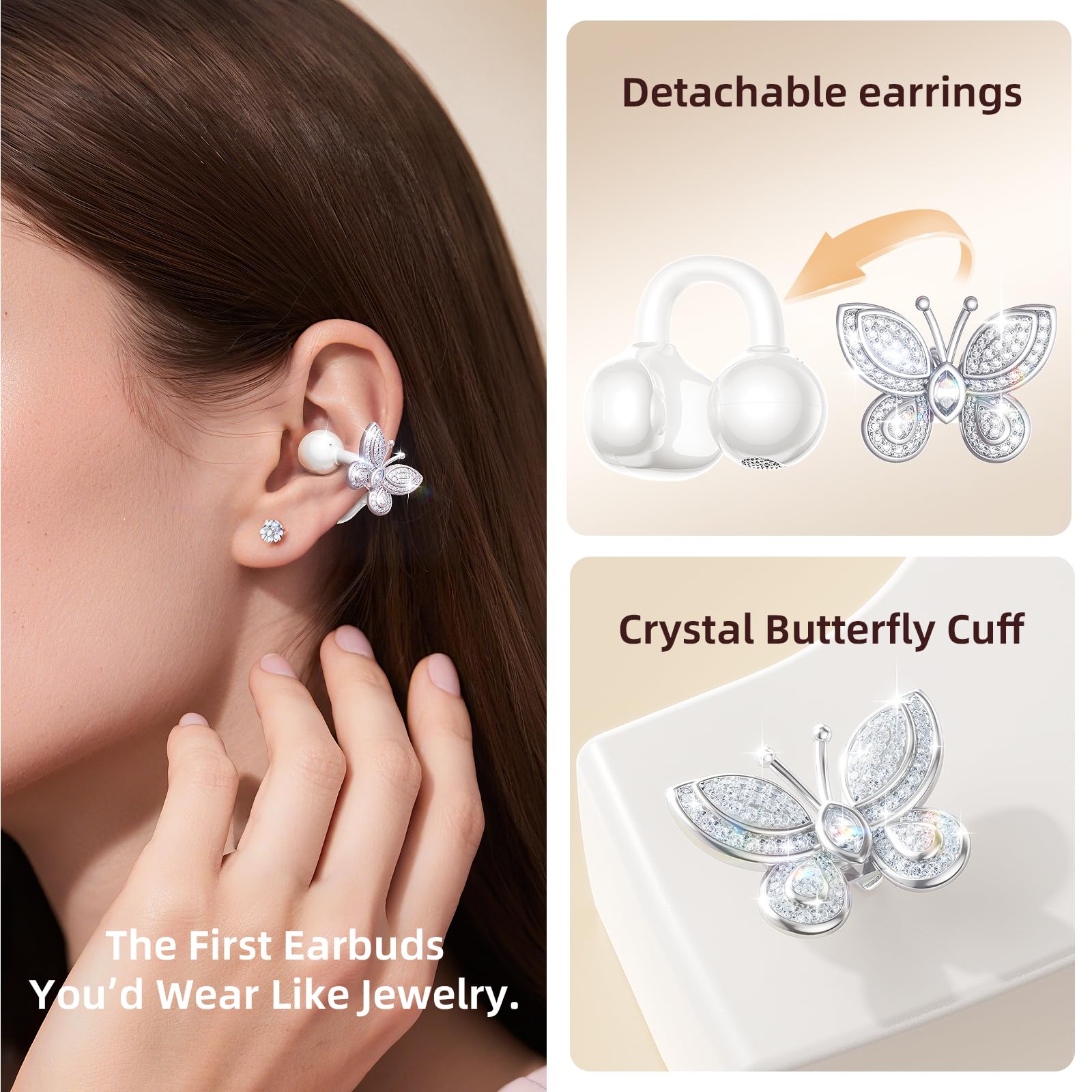Kinglucky Jewelry-Inspired Clip-On Earbuds with Butterfly Earrings, Comfortable Fit & 40H Playtime Open Ear Bluetooth 5.4 Wireless Headphones for Women, Small Ears, Sports & Workouts (Black)