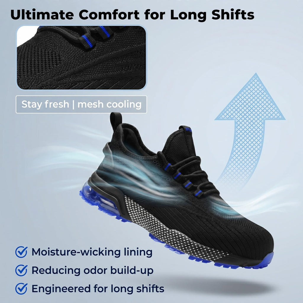SPIEZ Composite Toe Shoes for Men Women, Lightweight Breathable Non Steel Toe Safety Shoes, Puncture Proof Slip Resistant Work Sneakers for Construction,Warehouse,Black Blue/Black Yellow