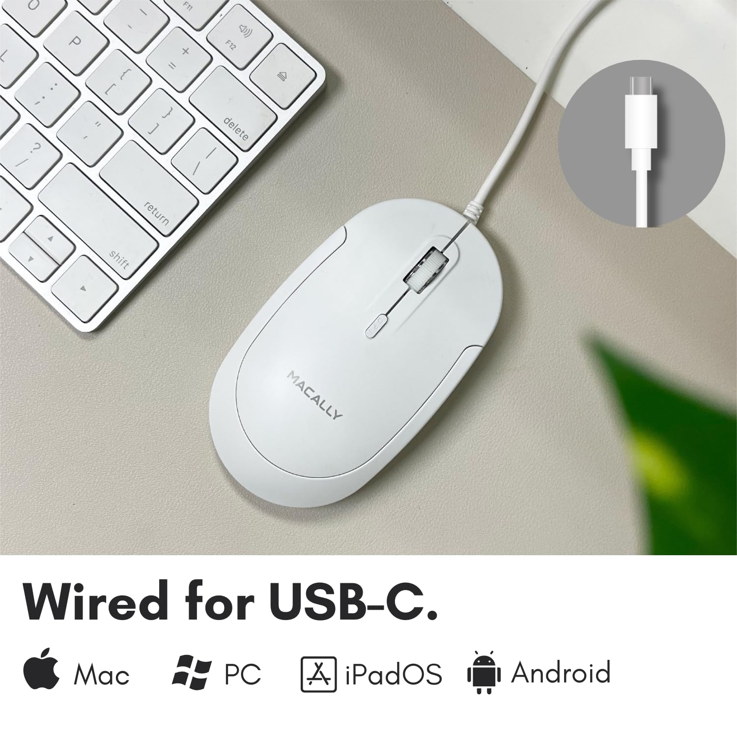 Macally Wired USB C Mouse for Mac and PC - Slim, Quiet, and Reliable - Type C Mouse for MacBook Pro/Air, iMac, Apple iPad, Laptop, Computer Desktop with 3 Button, Scroll Wheel, USBC, and 4 DPI Mode