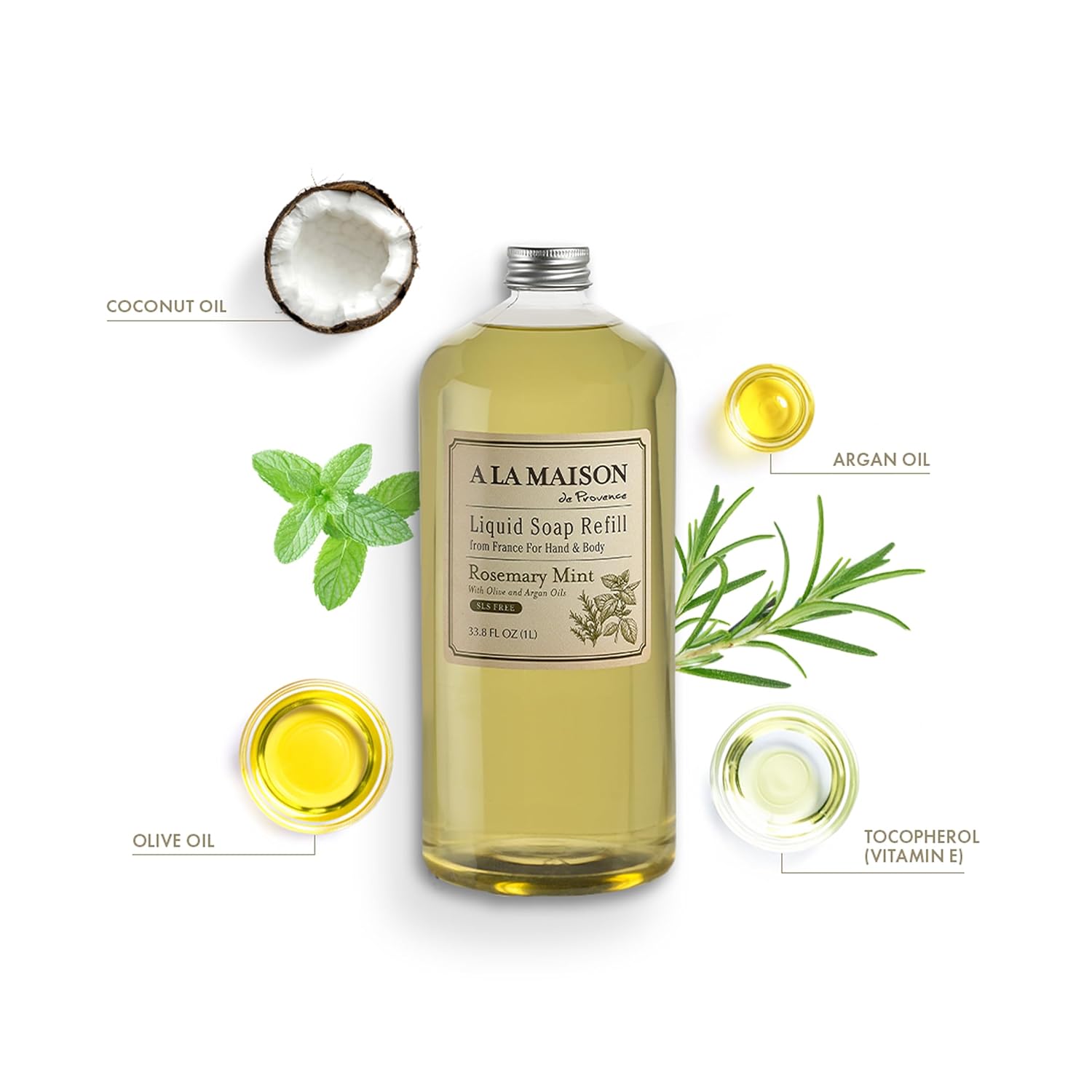 A LA MAISON Rosemary Mint Natural Hand Wash Made with Essential Oils - Biodegradable, Plant-Based, Vegan, Cruelty-Free (33.8 Fl Oz Refill, 2 Pack)