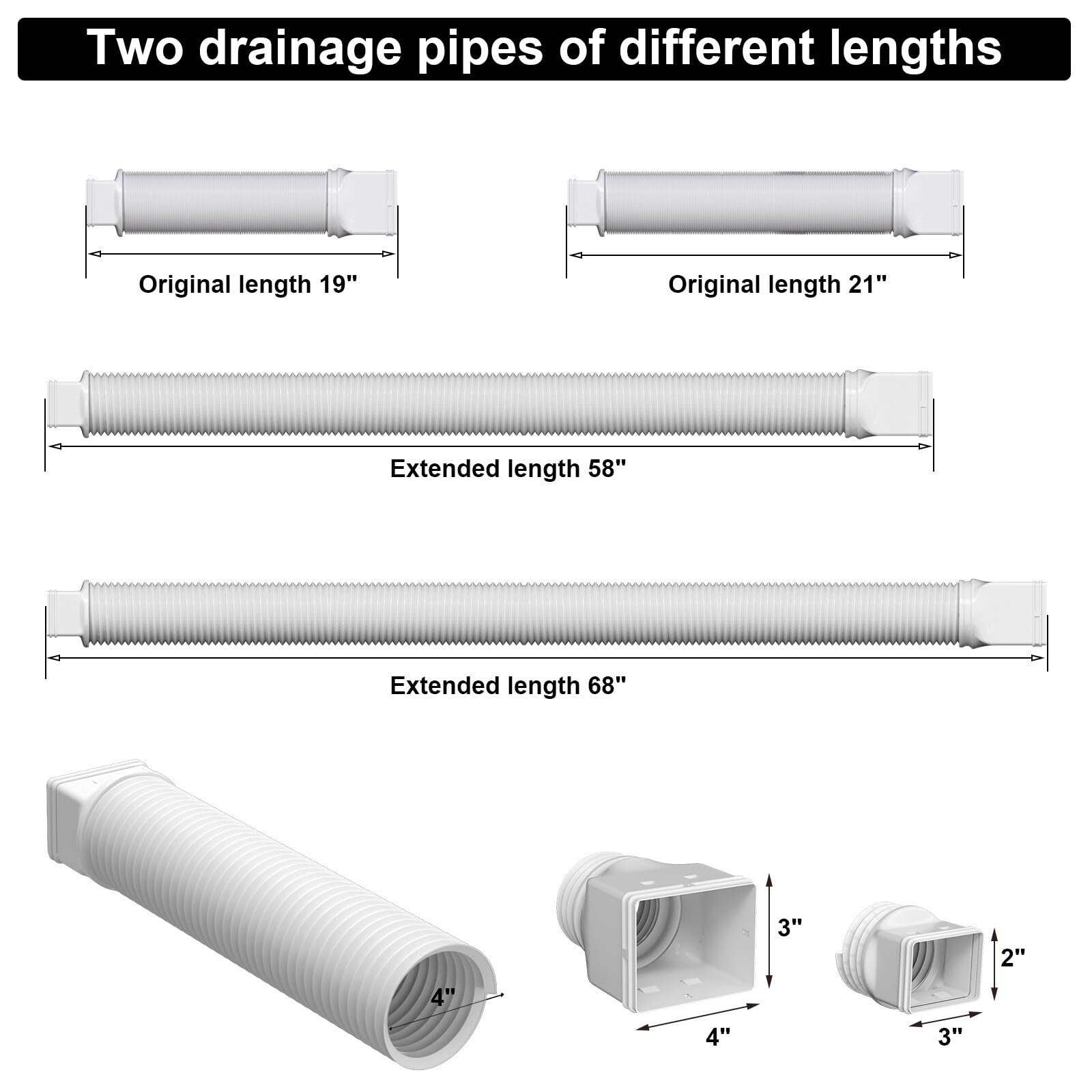 plusgutter 2 Pack Rain Gutter Downspout Extensions, Flexible Downspout Extender with 58"+68" Extendable Pipes for Rain Water Drainage, Durable Down Spout Drain Extension with Connector (Black)