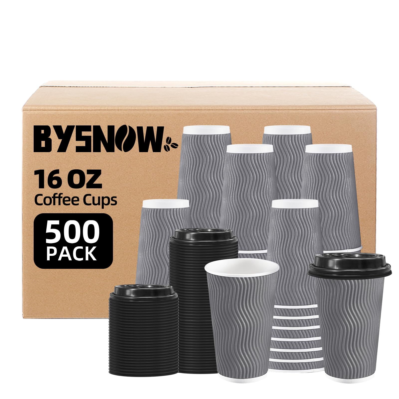 BYSNOW 100 Pack 10 oz Coffee Cups with Lids, Disposable Insulated Hot Cups To Go Paper Coffee Cups, Corrugated Ripple Wall Cup for Hot Drink, Office, Coffee Bar (Grey 10 oz)