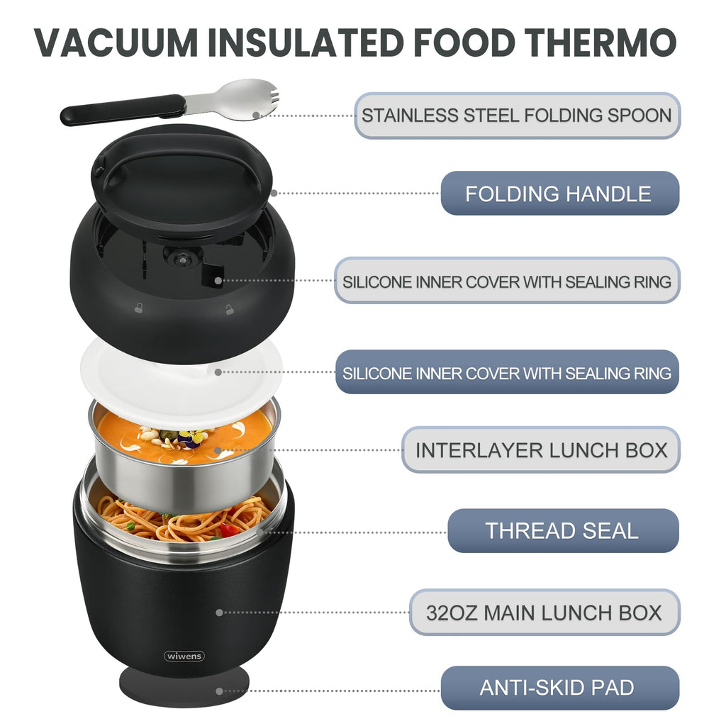 wiwens Thermo Food Jar for Hot Food Adults 32OZ Soup Thermo Lunch Containers Wide Mouth Vacuum Insulated Stainless Steel Leakproof Bento Box with Spoon (Beige)