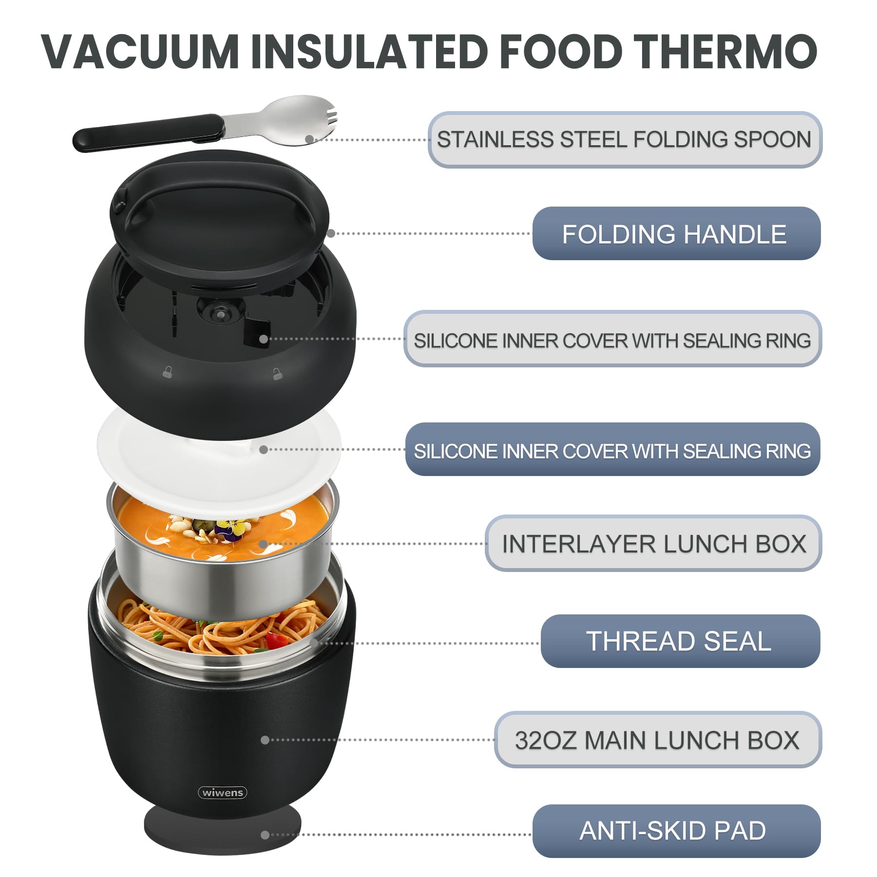 wiwens Thermo Food Jar for Hot Food Adults 32OZ Soup Thermo Lunch Containers Wide Mouth Vacuum Insulated Stainless Steel Leakproof Bento Box with Spoon (Beige)