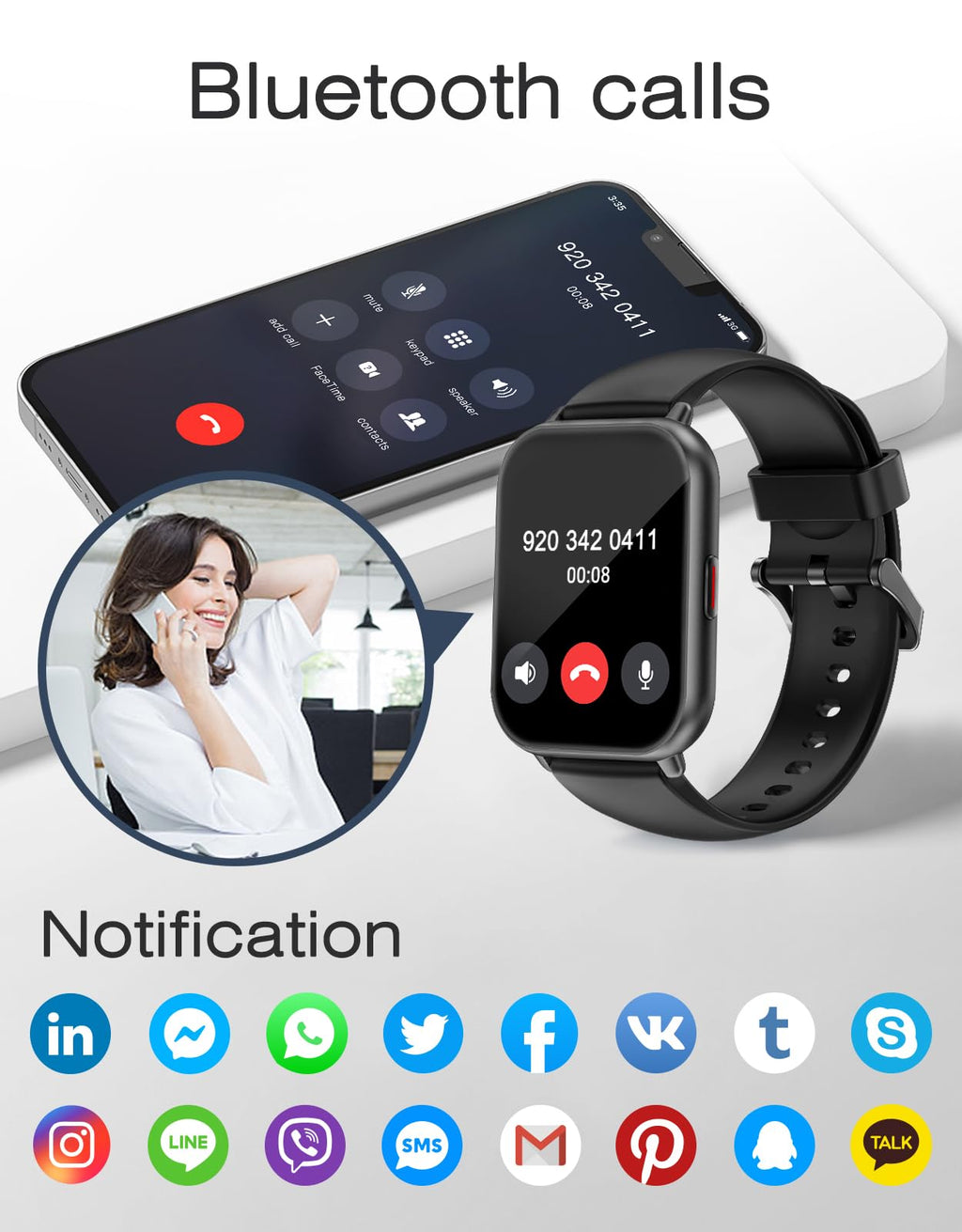 Smart Watches for Women Men (Answer/Make Calls, 3 Bands), 1.85" Fitness Tracker Watch for iPhone/Android Phones with Heart Rate Monitor Sleep/Steps Tracker 100+ Sports Pedometer Waterproof (Black)