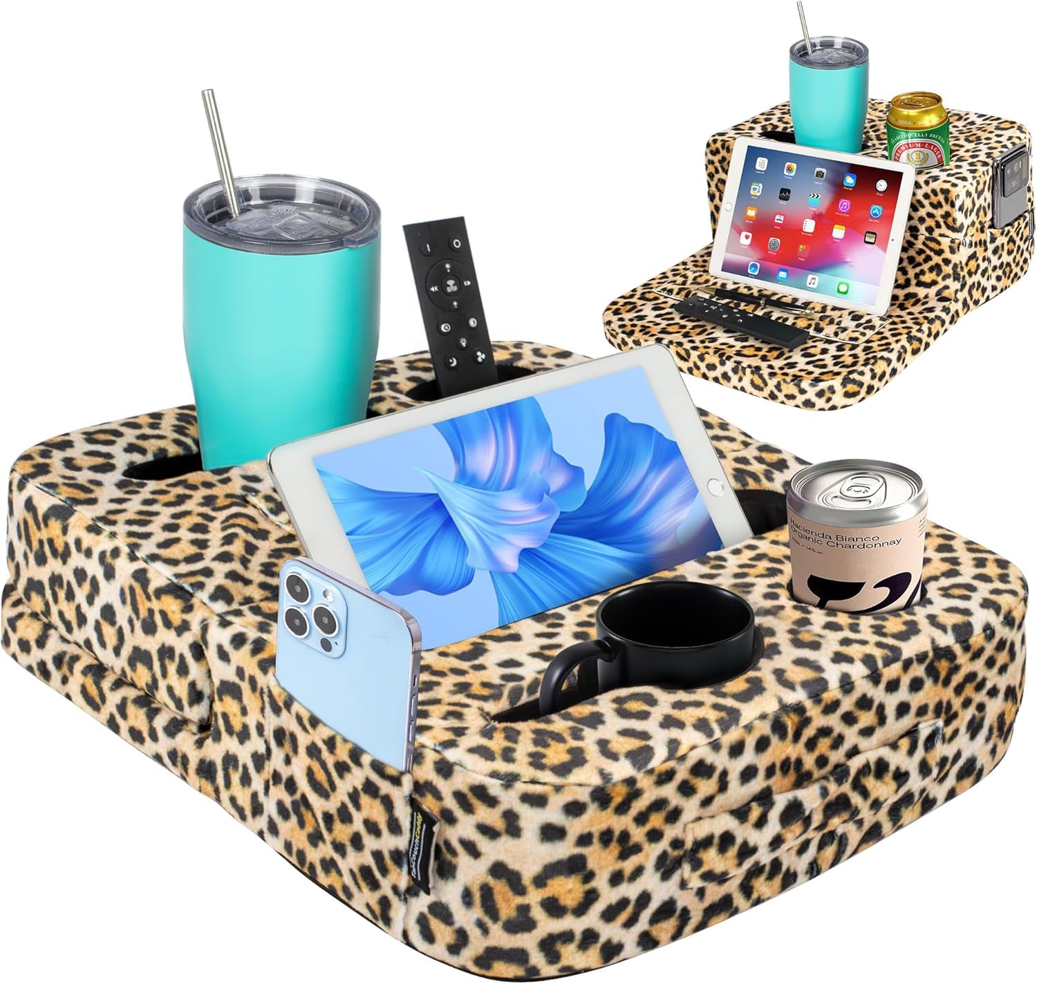 TabCouchCaddy - Couch Cup Holder Tray Pillow - Bed, Couch Caddy, Sofa, RV & Car - Holds Drinks, Snacks, Remotes, Phones, Kindle, Tablet | Bed Cup Holder (Beige)