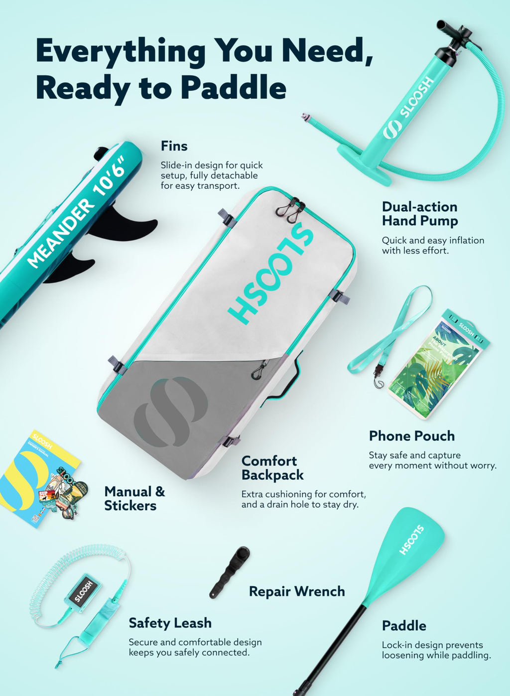 SLOOSH Inflatable Stand Up Paddle Board, 10'6" Inflatable Paddle Boards with Premium Accessories, Non-Slip EVA Deck, Ultra-Light Carry Bag Pump, Meander SUP for Youth & Adults