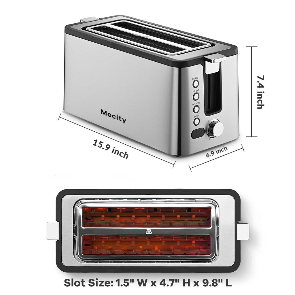 Mecity 4 Slice Toaster, Long Slot Toaster With Warming Rack, Timer, Bagel, Defrost, Reheat Functions, Crumb Tray, 6 Browning Settings, Extra Wide Long Slots, Stainless Steel, 1300W, Grey