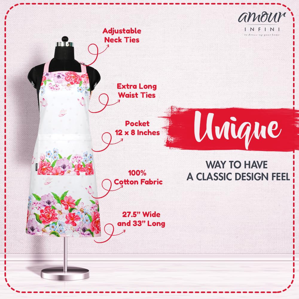 AMOUR INFINI Cotton Aprons for Women with Pocket, Adjustable Strap & Waist Ties - Washable Aprons for Baking, Cooking, Gardening (27.5 x 33 Inches - Blooming Floral)