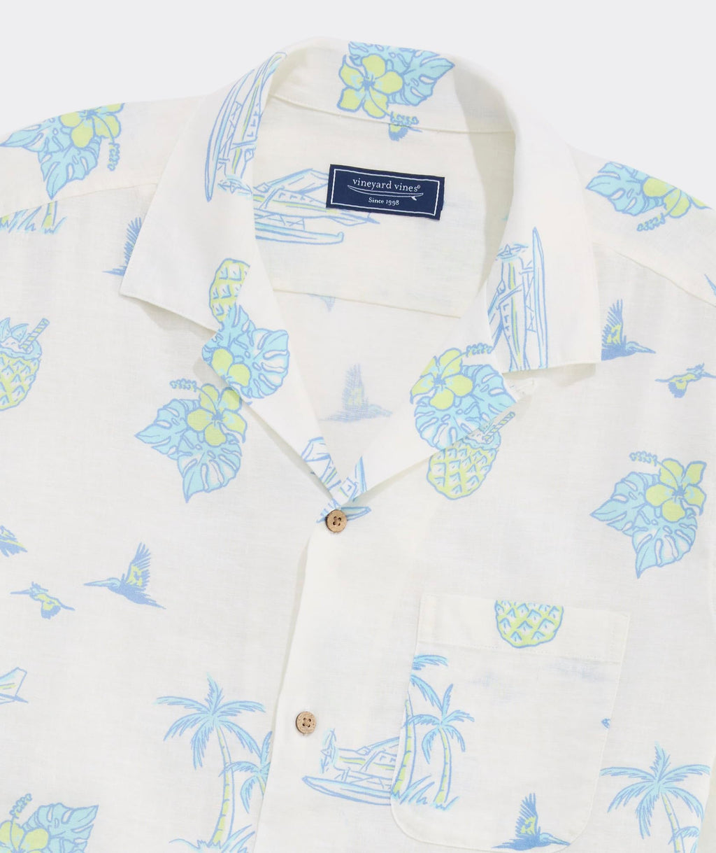 Vineyard Vines Men's Tropical Airways Seabreeze Linen Rayon Short Sleeve Cabana Shirt