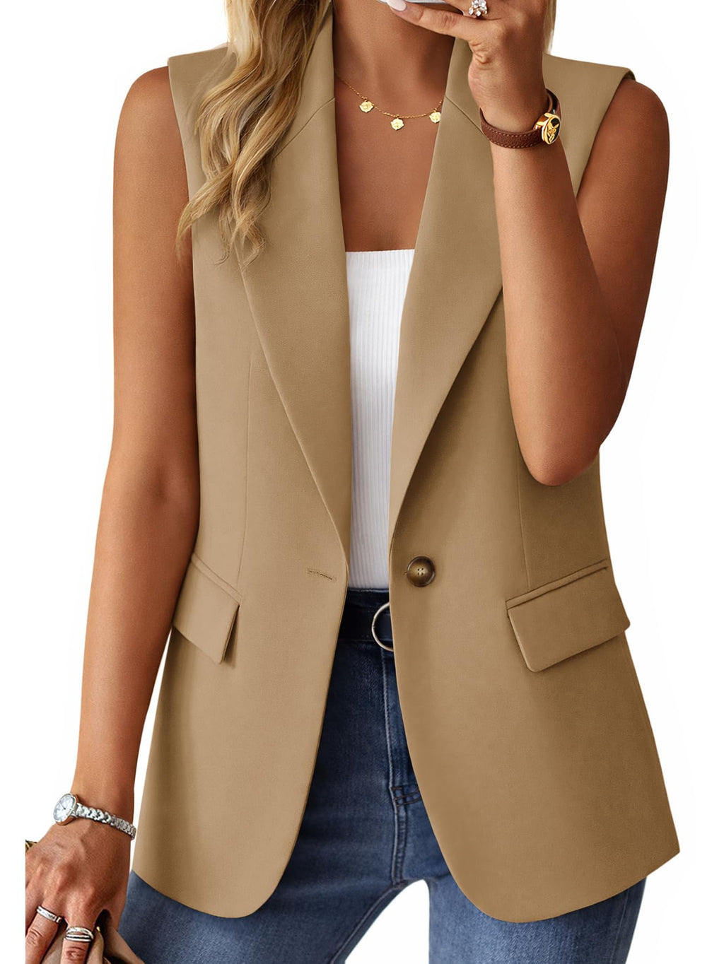 Mina Self 2026 Summer Women's Sleeveless Vest Tops - Lightweight Breathable Lined Trendy Casual Work Office Blazer - Pockets