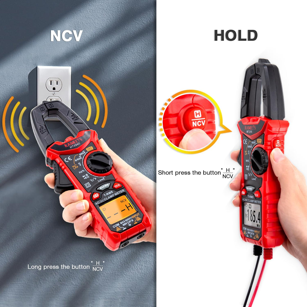 KAIWEETS Digital Clamp Meter Multimeter with D-Shaped Jaw for AC/DC Current & Voltage, Auto-ranging 4000 Counts Voltage Tester with Flashlight Backlight, Measuring Temperature Continuity Diode NCV