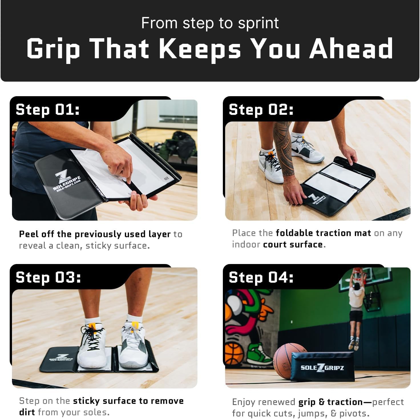 Portable Basketball & Volleyball Sticky Mat by Sola Athletics– Foldable, Reusable, Non-Slip Traction Board for Court Shoe Grip – Perfect for Hardwood Floors –60 Sticky Sheets