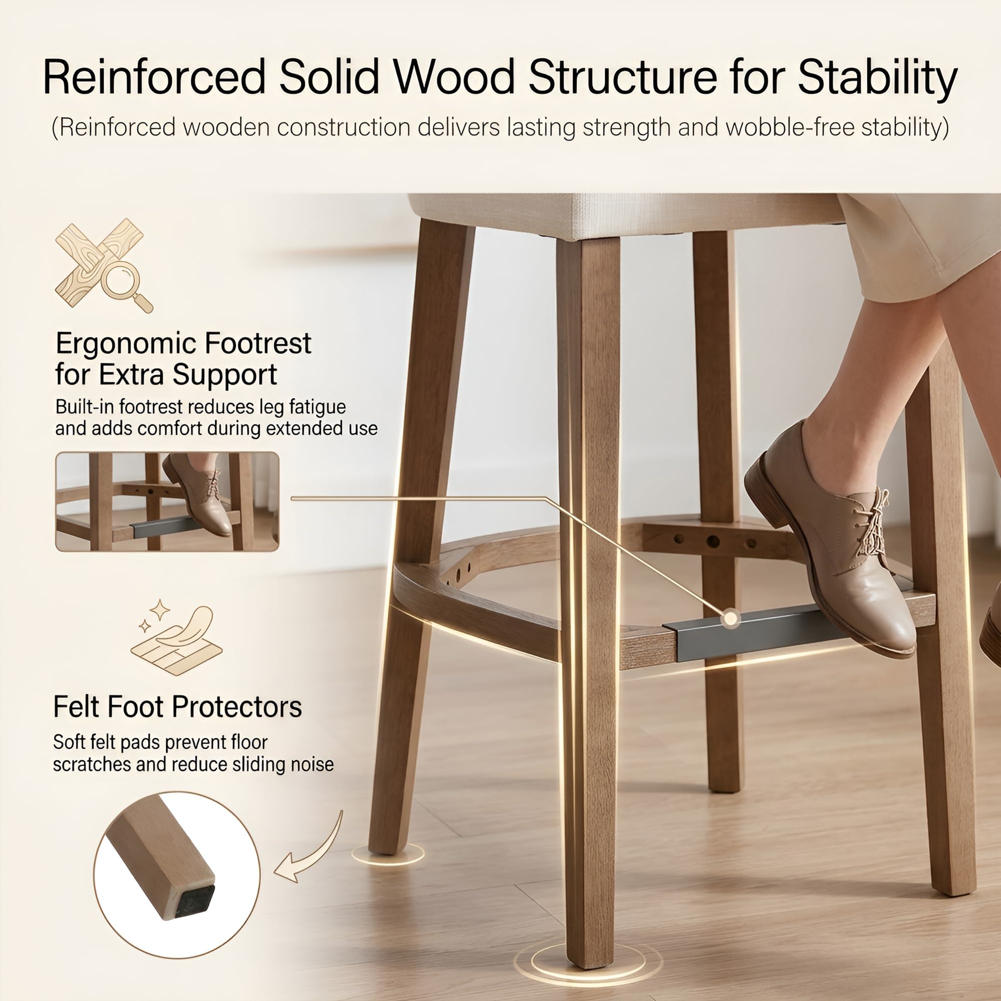 Farmhouse 30'' Extra Tall Bar Stools Set of 2 Modern Counter Height Barstools with Backs Rustic Wood Bar Stools Linen Upholstered Counter Chairs Kitchen Island Stool Chairs with Wood Frame, Beige