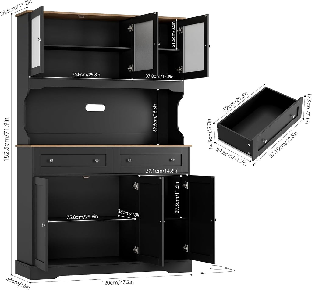 FACBOTALL 71.9" Kitchen Pantry Cabinet, Tall Storage Cabinet, Kitchen Hutch with Countertop and Outlets, Farmhouse Tall Pantry Storage with Doors and Shelves, Black