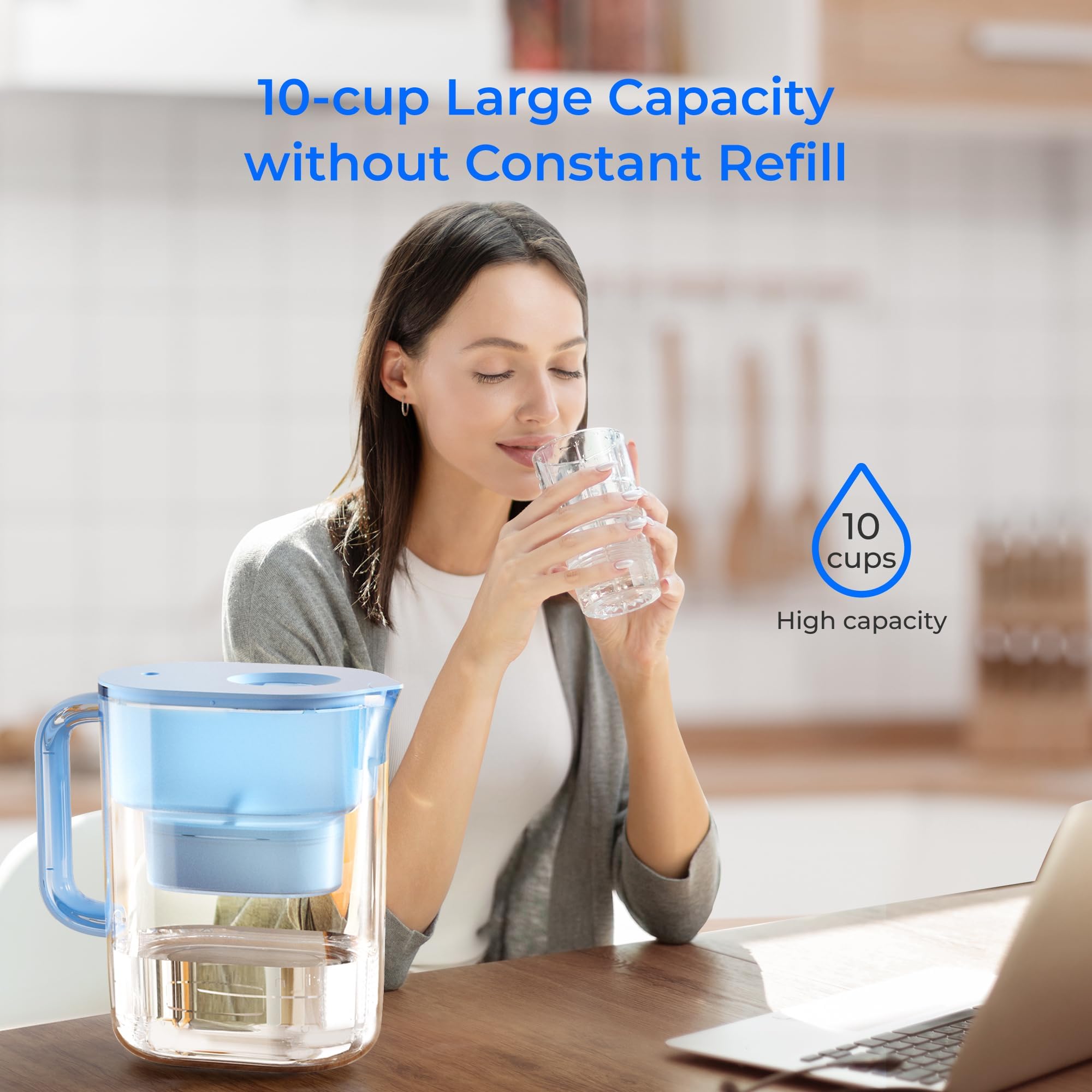 Waterdrop PT-07B Water Filter Pitcher, 10-Cup, NSF Certified Water Filter Pitcher, 200-Gallon Long-Life Filter, Reduces PFOA/PFOS and Chlorine, 5X Longer Filter Life, Blue