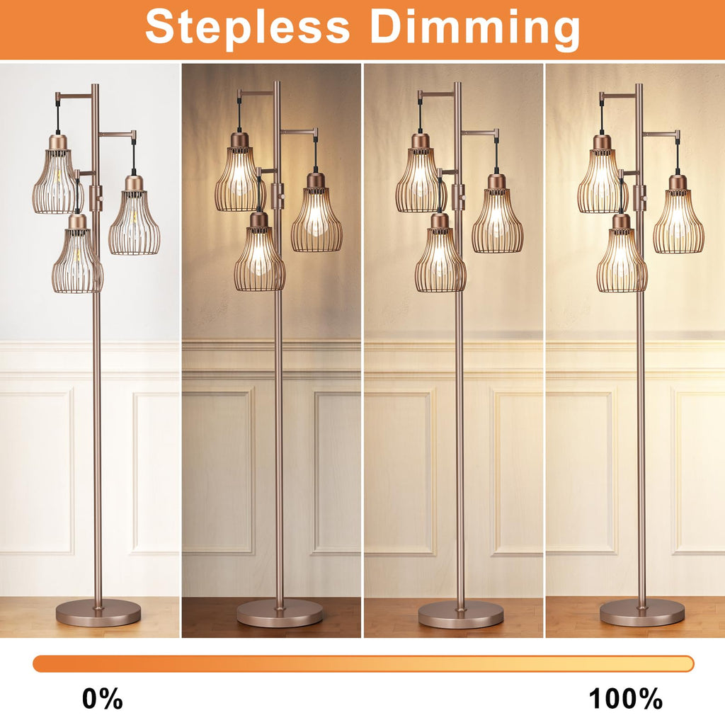 Ziisee Dimmable Floor Lamps for Living Room, Industrial Tree Standing Tall Lamps with 3 Elegant Cage Shade & 800 Lumens LED Bulbs for Bedroom Office - Brown
