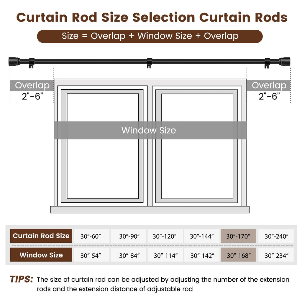 1” Diameter brown curtain rod Itself is 30 to 60 inch. 1 Pack Fits 30-54 inch Windows with Heavy Duty Adjustable brown curtain rods Splicing Metal Extra Long Curtain Rod