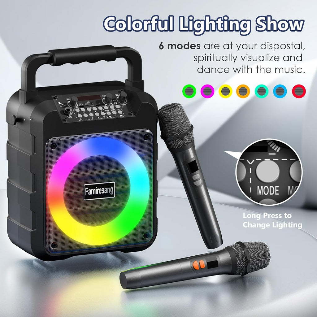 Karaoke Machine for Adults - Portable Bluetooth Karaoke Speaker with Two Wireless Microphones, PA System Speaker Supports TF Card/USB, AUX in, REC, Bass & Treble for Party/Meeting