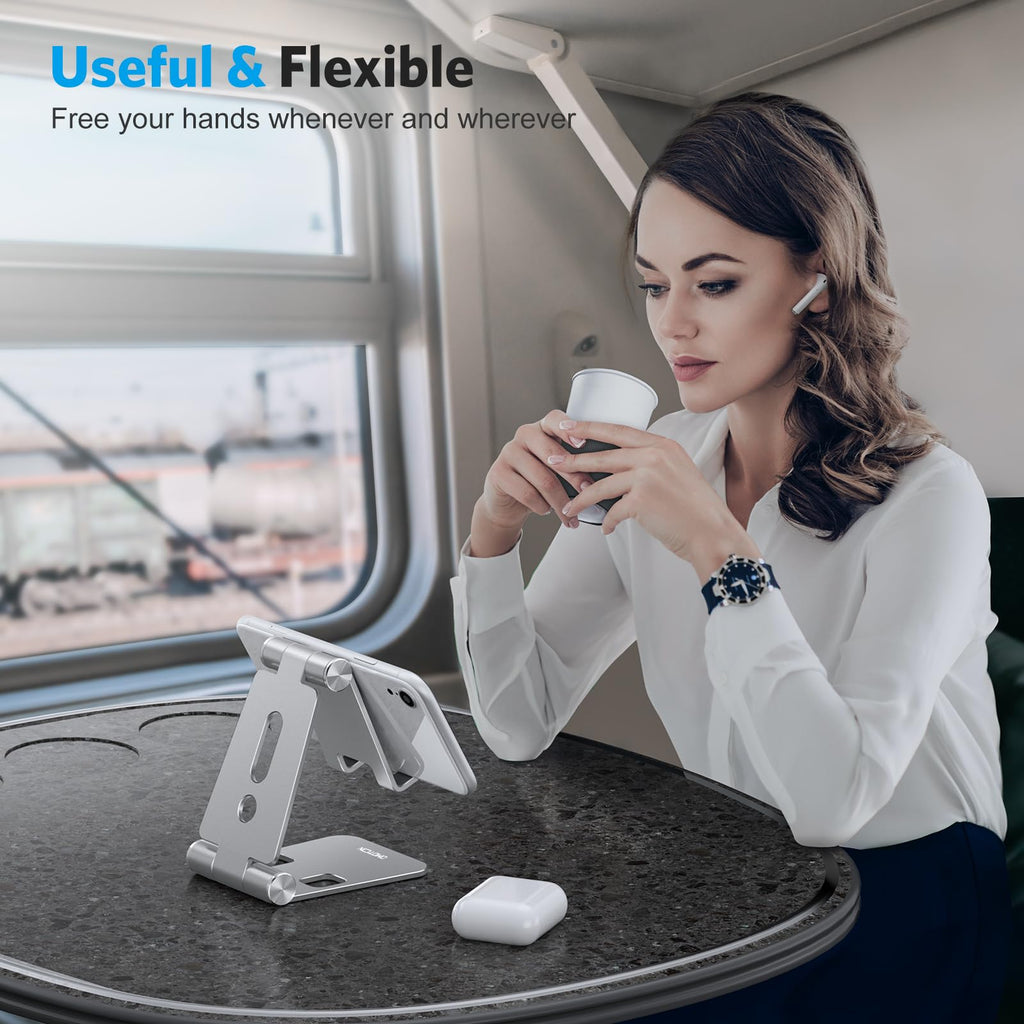 OMOTON Foldable Cell Phone Stand, C4 Portable Aluminum Phone Holder, Adjustable Phone Dock Cradle for iPhone 17/16/15 Pro Max Air, Small Tablets, All Smart Phones for Women Men Gift, Silver