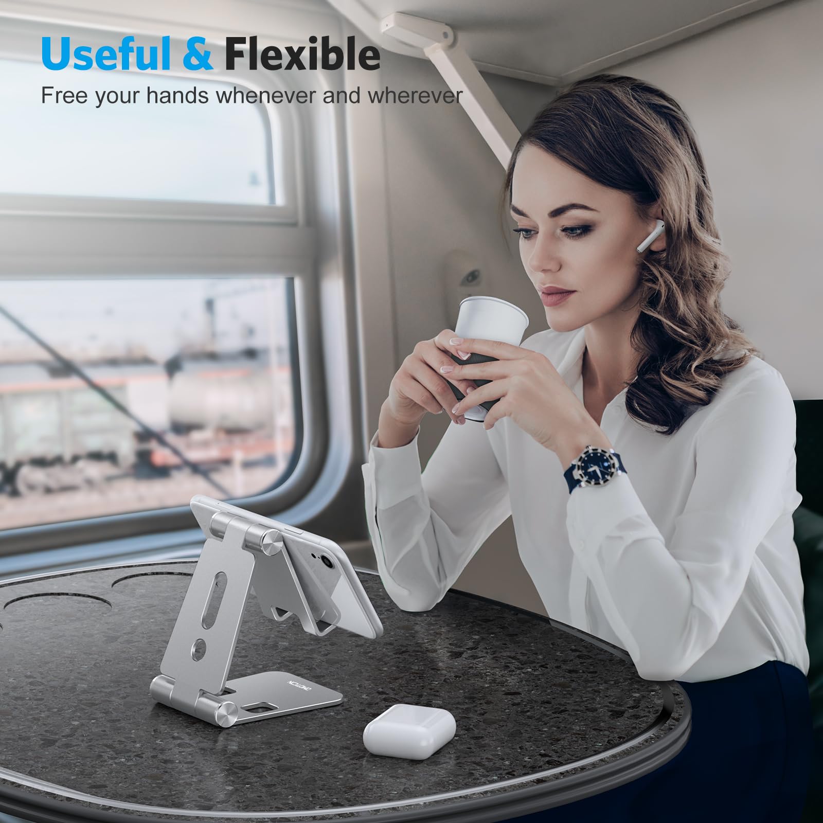 OMOTON Foldable Cell Phone Stand, C4 Portable Aluminum Phone Holder, Adjustable Phone Dock Cradle for iPhone 17/16/15 Pro Max Air, Small Tablets, All Smart Phones for Women Men Gift, Silver